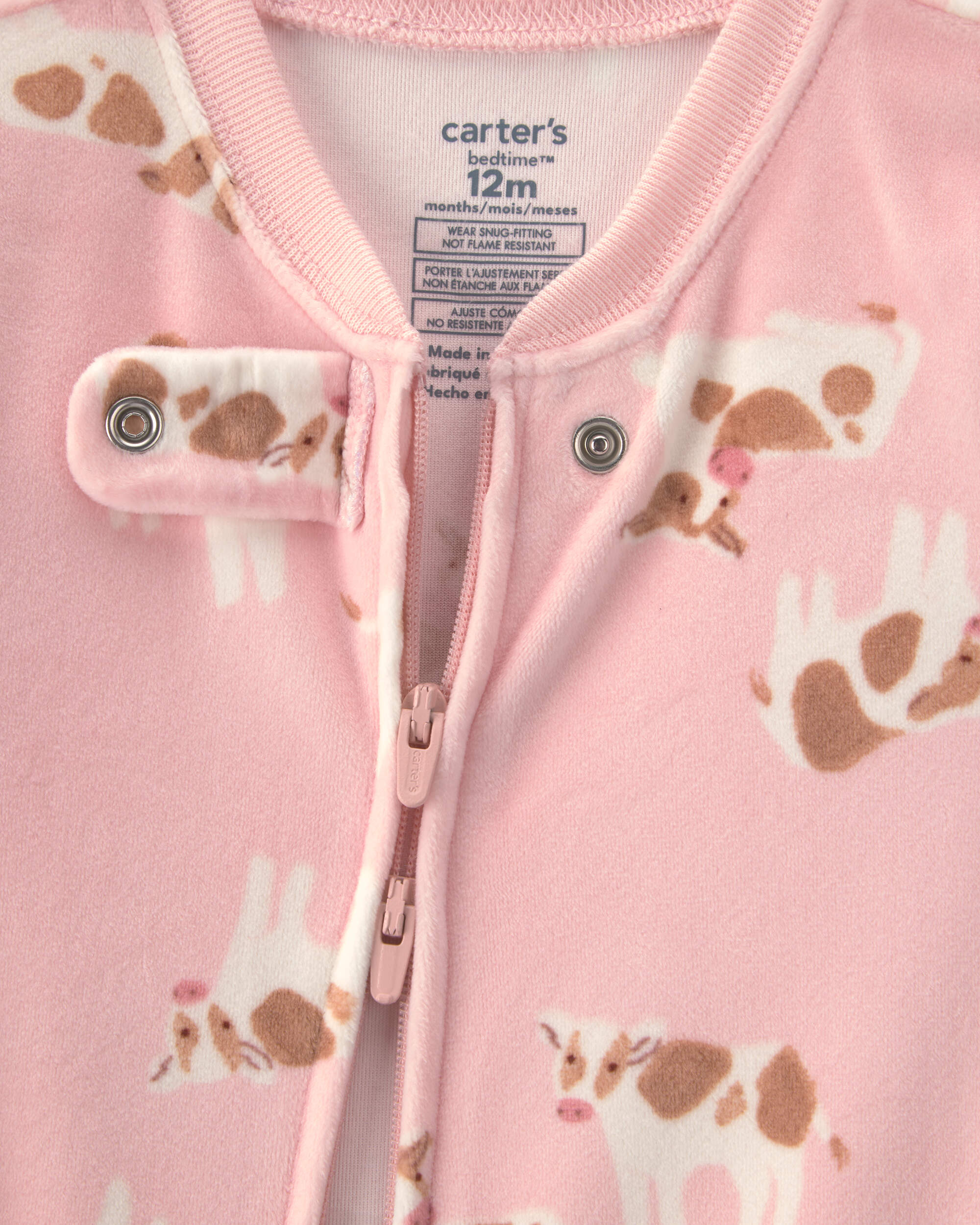 Baby Girl 1-Piece Cow 2-Way Zip DreamPlush Snug Fit Footed Pyjama - Pink