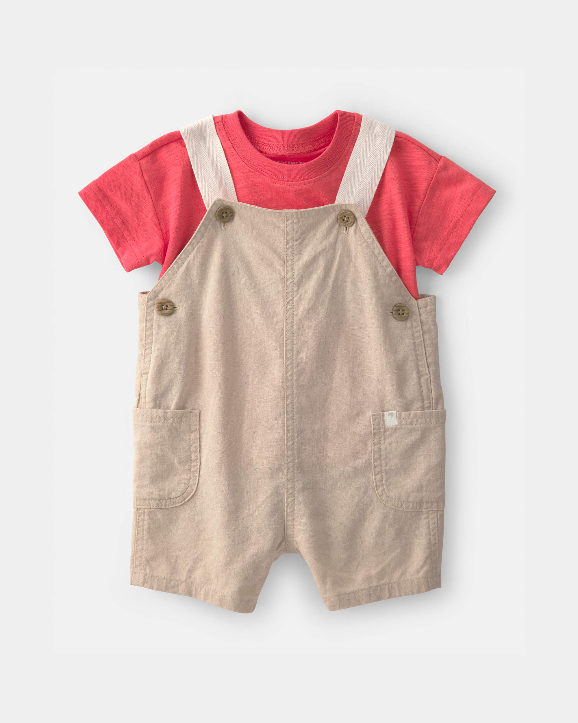Baby Boy 2-Piece Solid Overall Set - Red/Orange