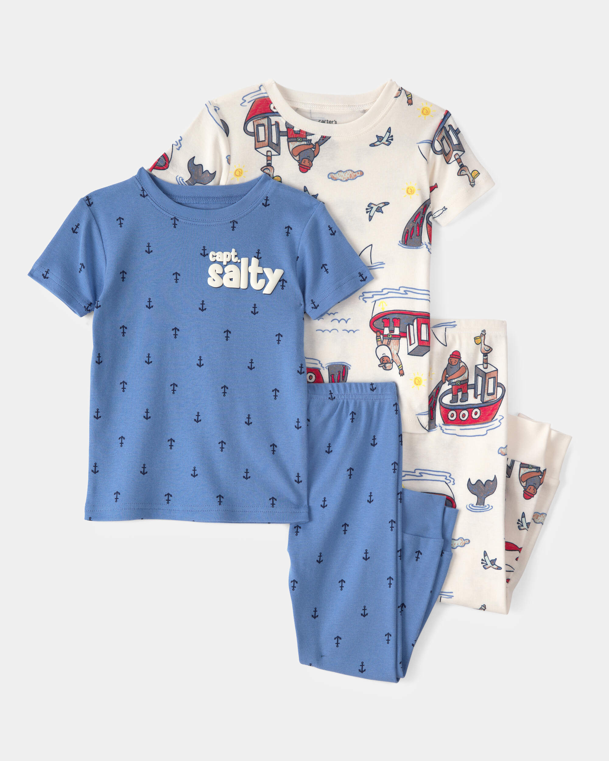 Toddler Boy Anchor 100% Cotton Snug Fit 4-Piece Pyjama Set - Blue/Cream