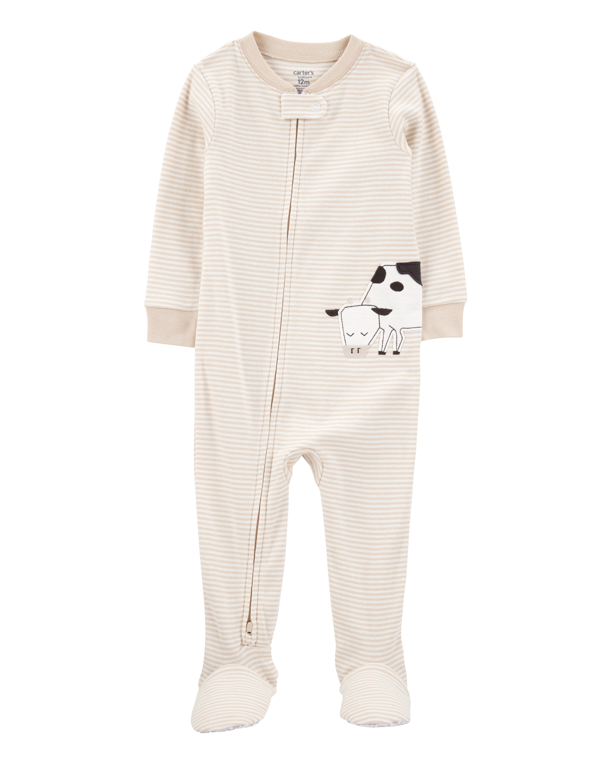 Baby Cow Striped Snug Fit Cotton Footie 1-Piece Pyjamas - Tan