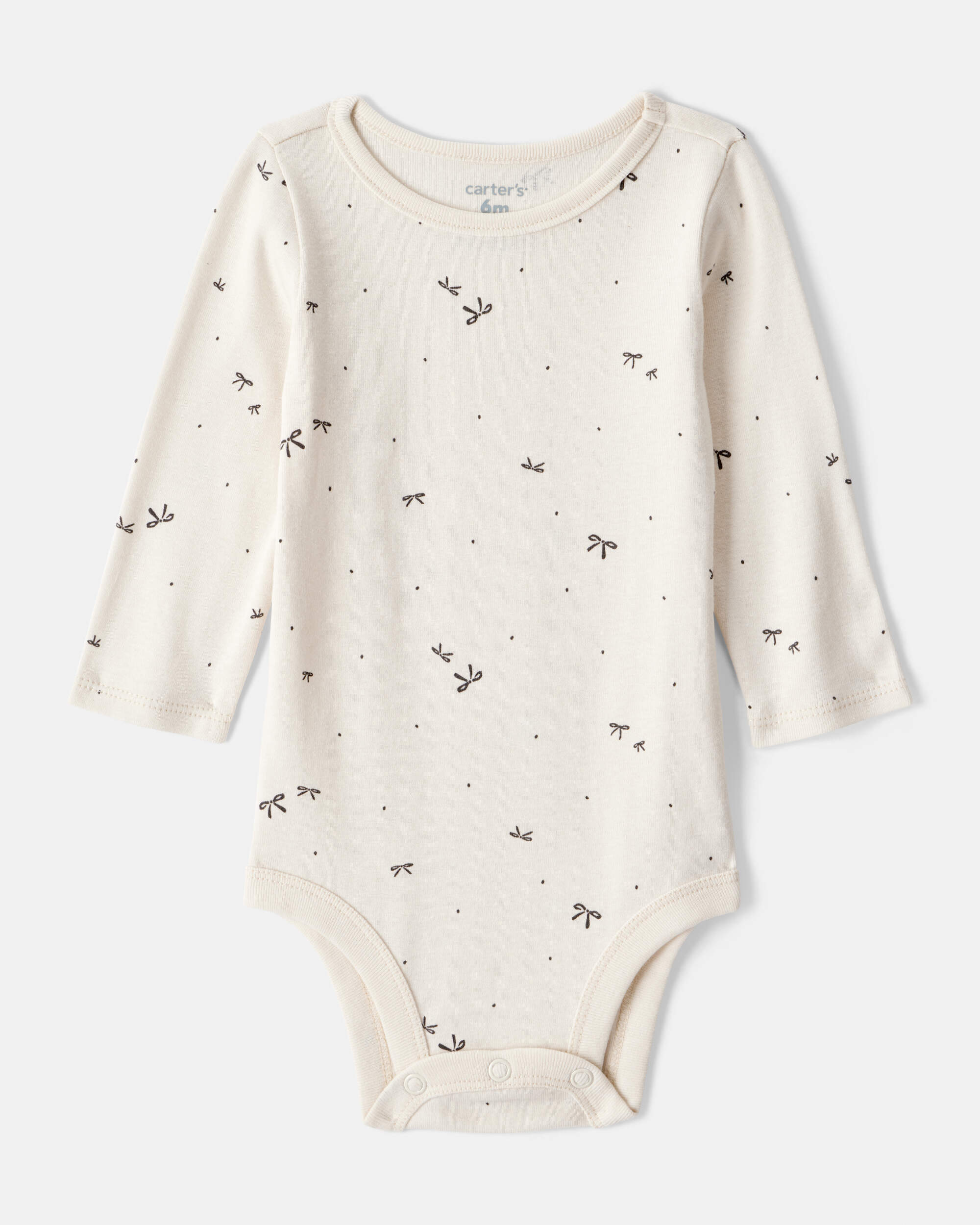 Baby Girl Bow Print Cotton Long-Sleeve Dress Set - White/Grey