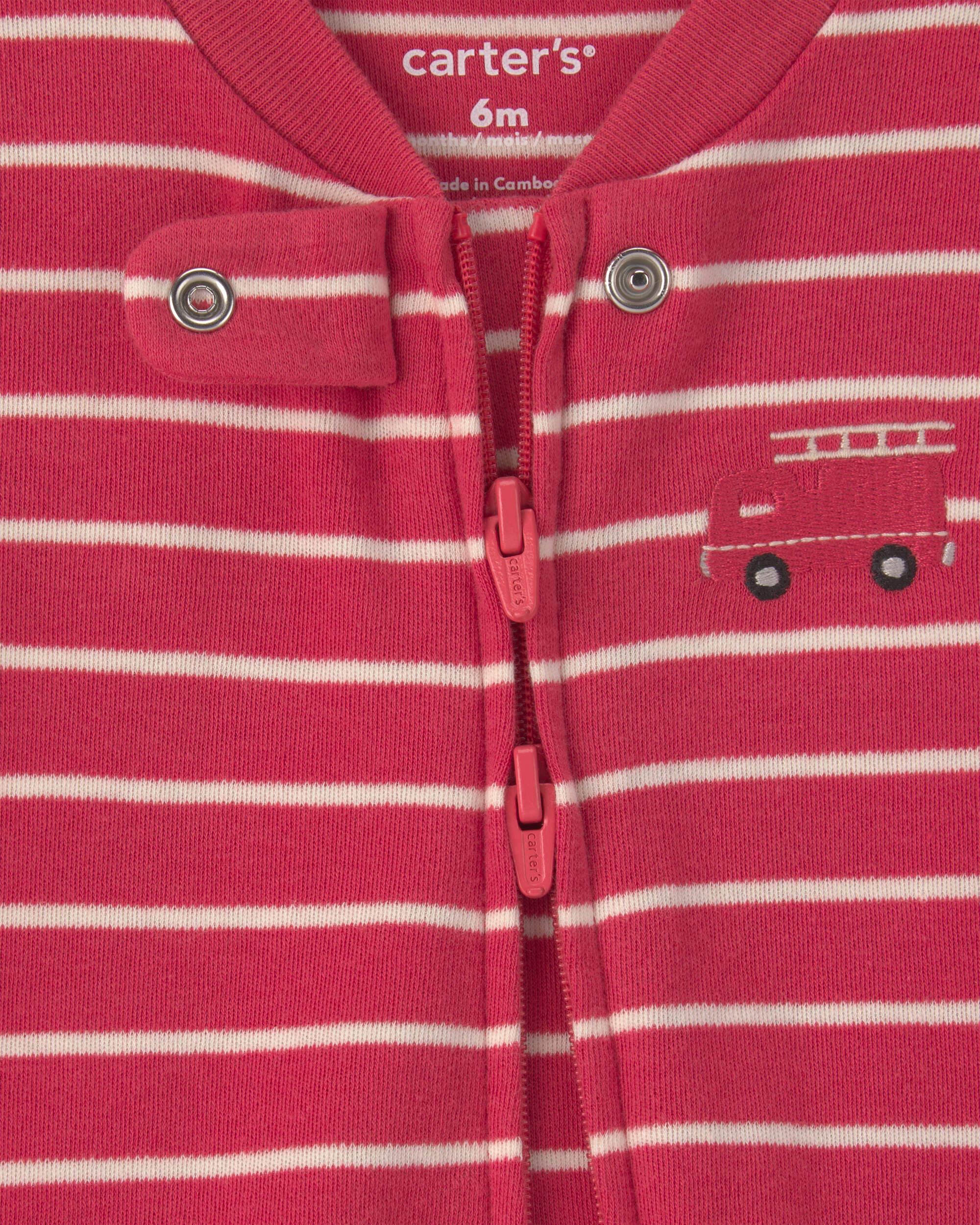 Baby Boy Firetruck Striped 100% Cotton 2-Way Zip Sleeper - Red