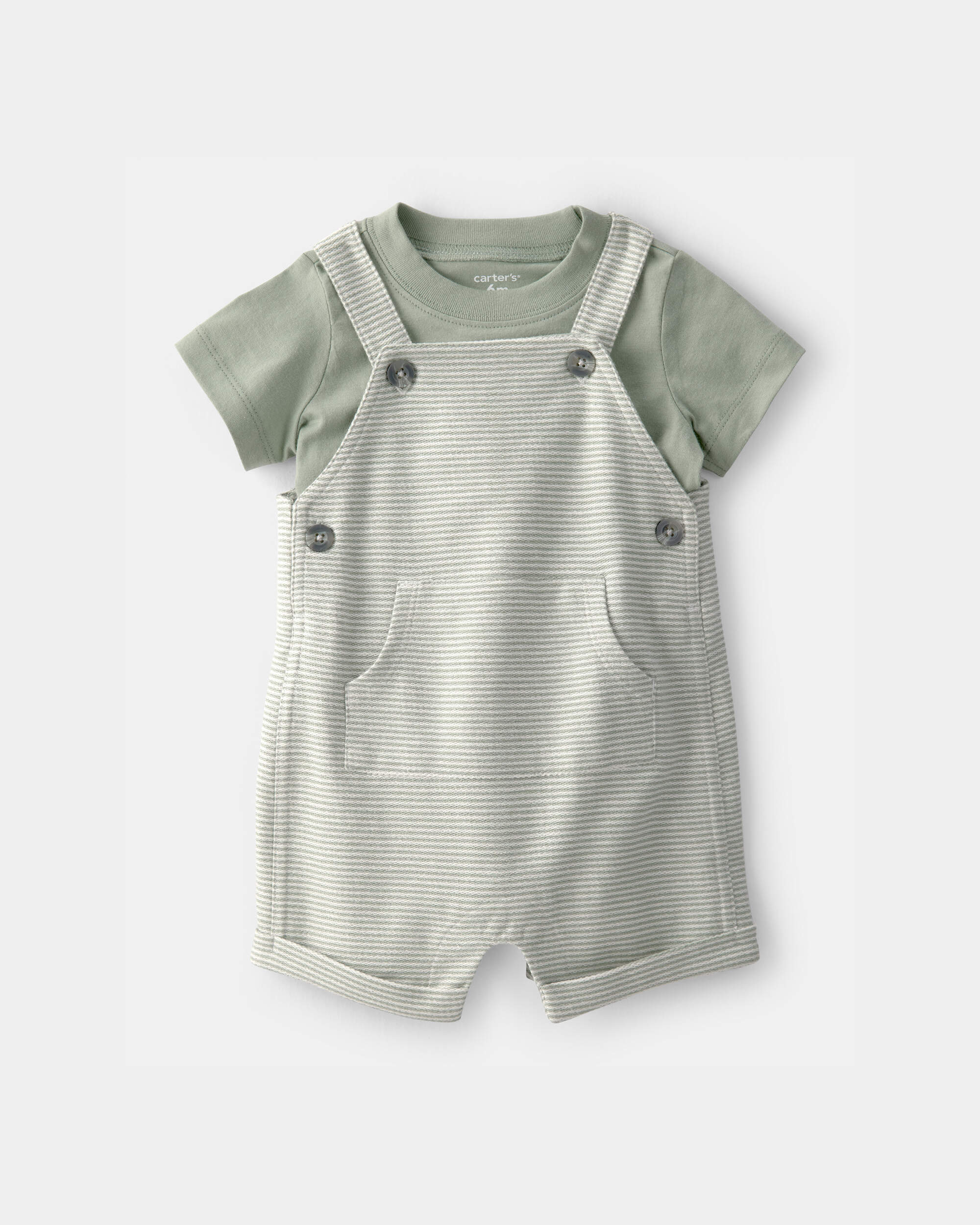 Baby Boy 2-Piece Striped Top & Shortall Set - Green