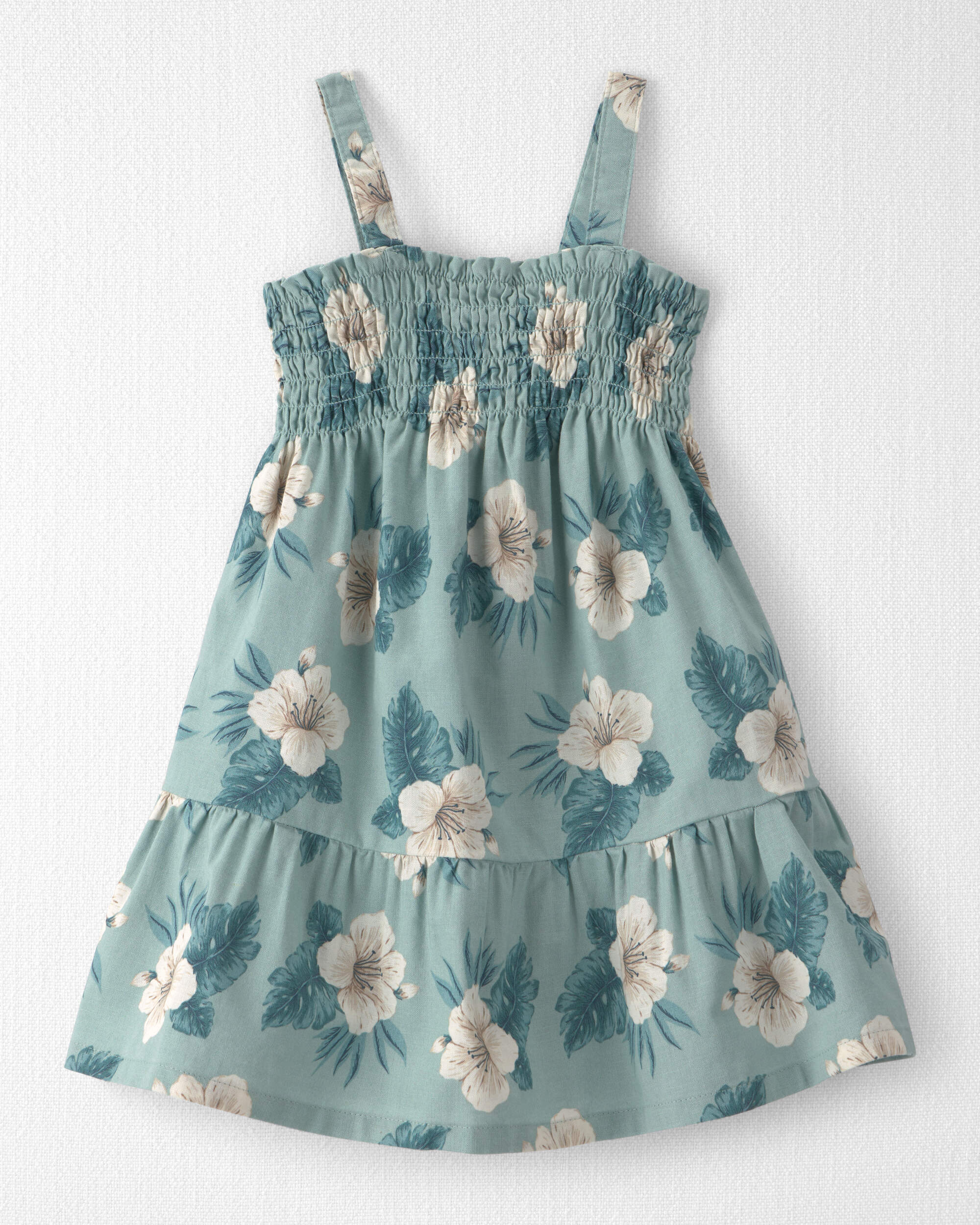 Toddler Girl  Smocked Linen Dress Made with Organic Cotton Blue Hibiscus