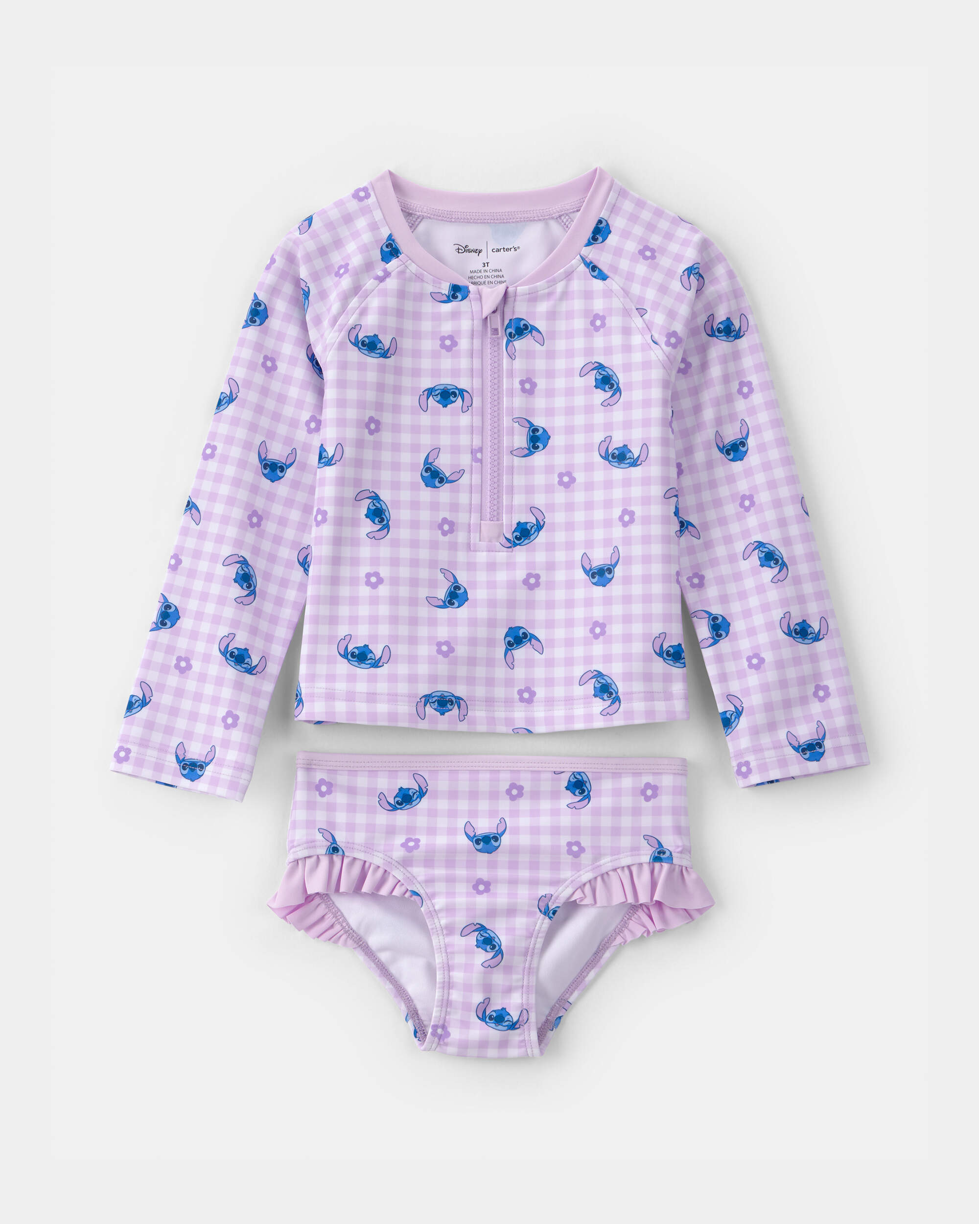 Toddler Girl 2-Piece Disney© Lilo & Stitch Gingham Long-Sleeve Rashguard Swimsuit Set - Purple