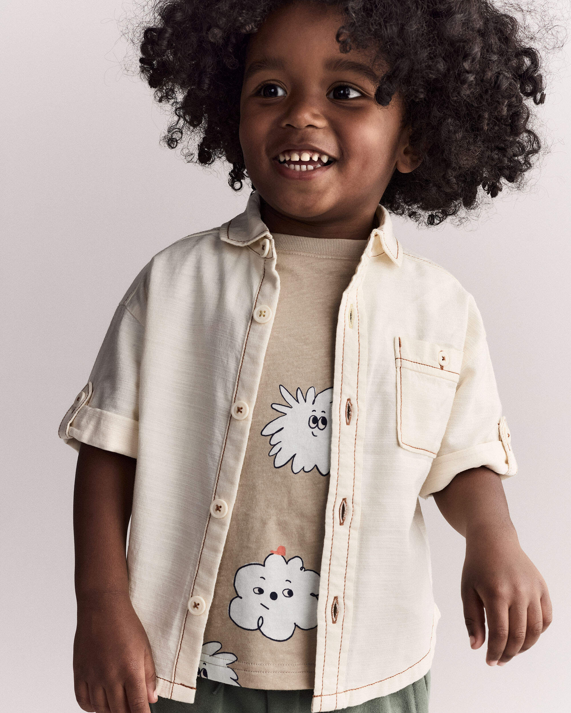 Toddler Boy Button-Down Short Sleeve Shirt - Cream