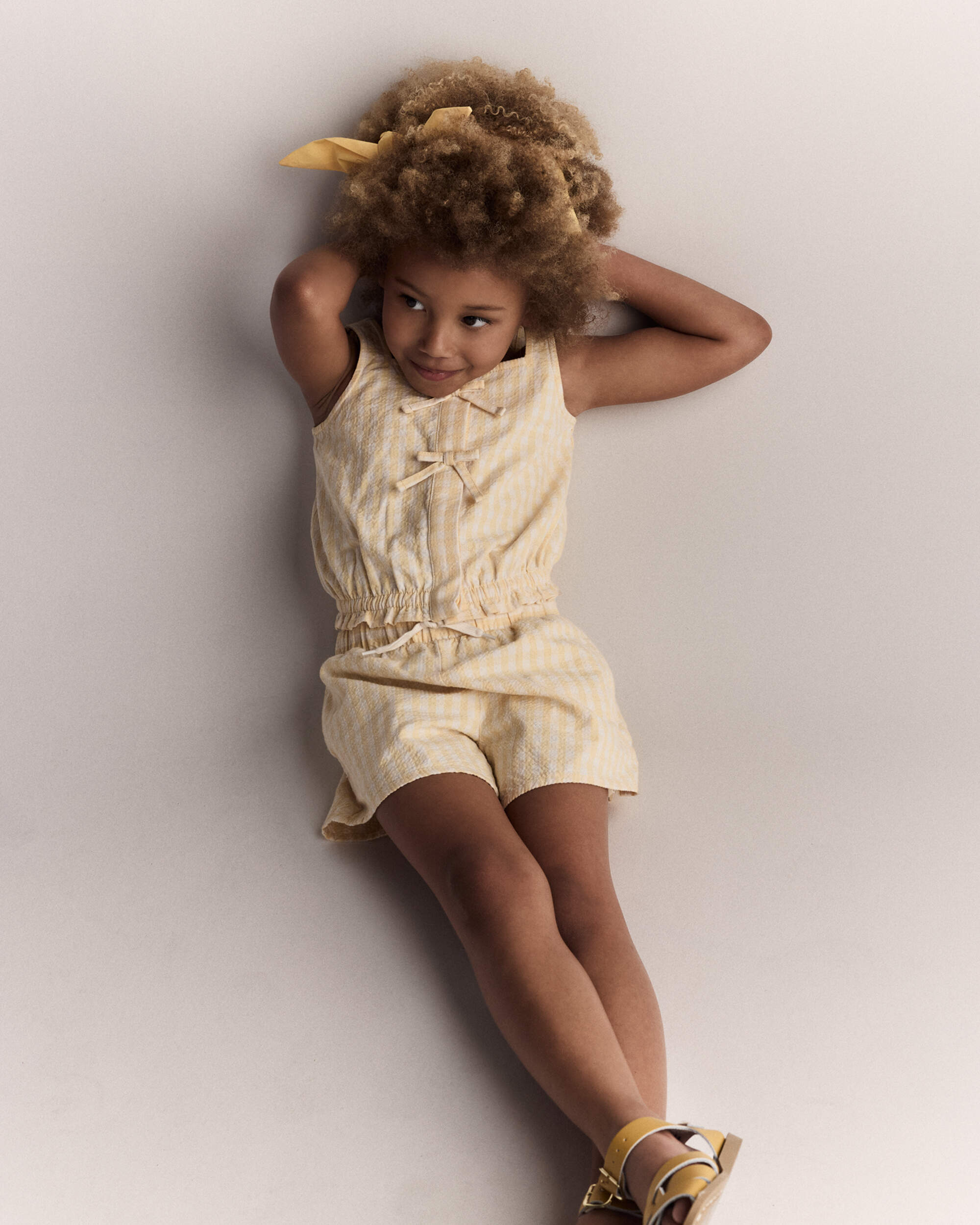 Toddler Girl Gingham Peplum Top with Bows - Yellow