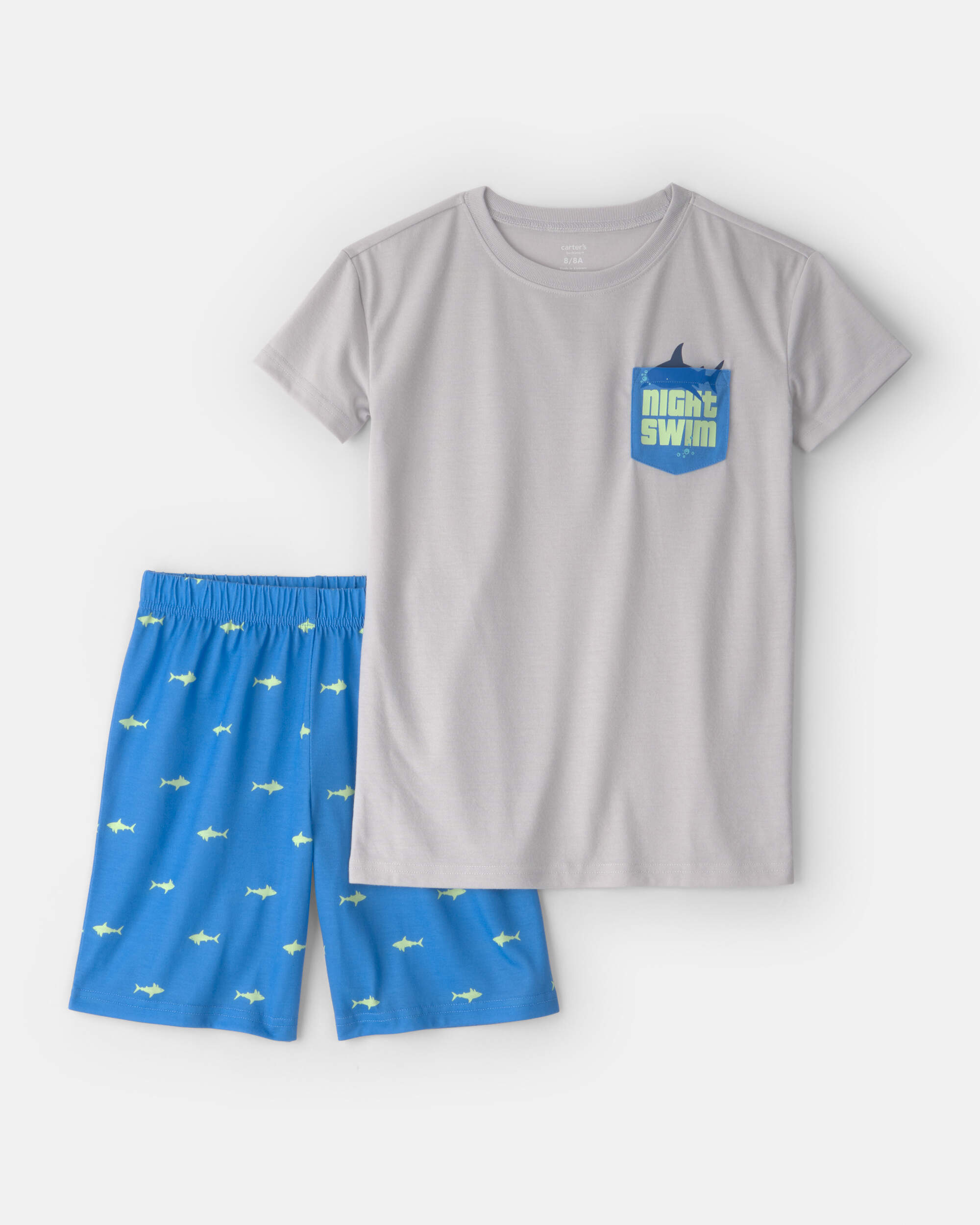 Boys Shark Short-Sleeve Loose Fit 2-Piece pyjama Set - Grey/Blue