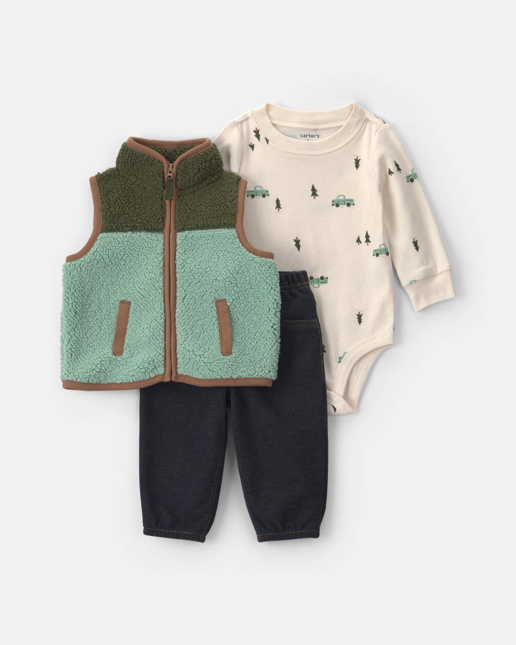 Baby Boy 3-Piece Teddy Fleece Long-Sleeve Layering Set - Green