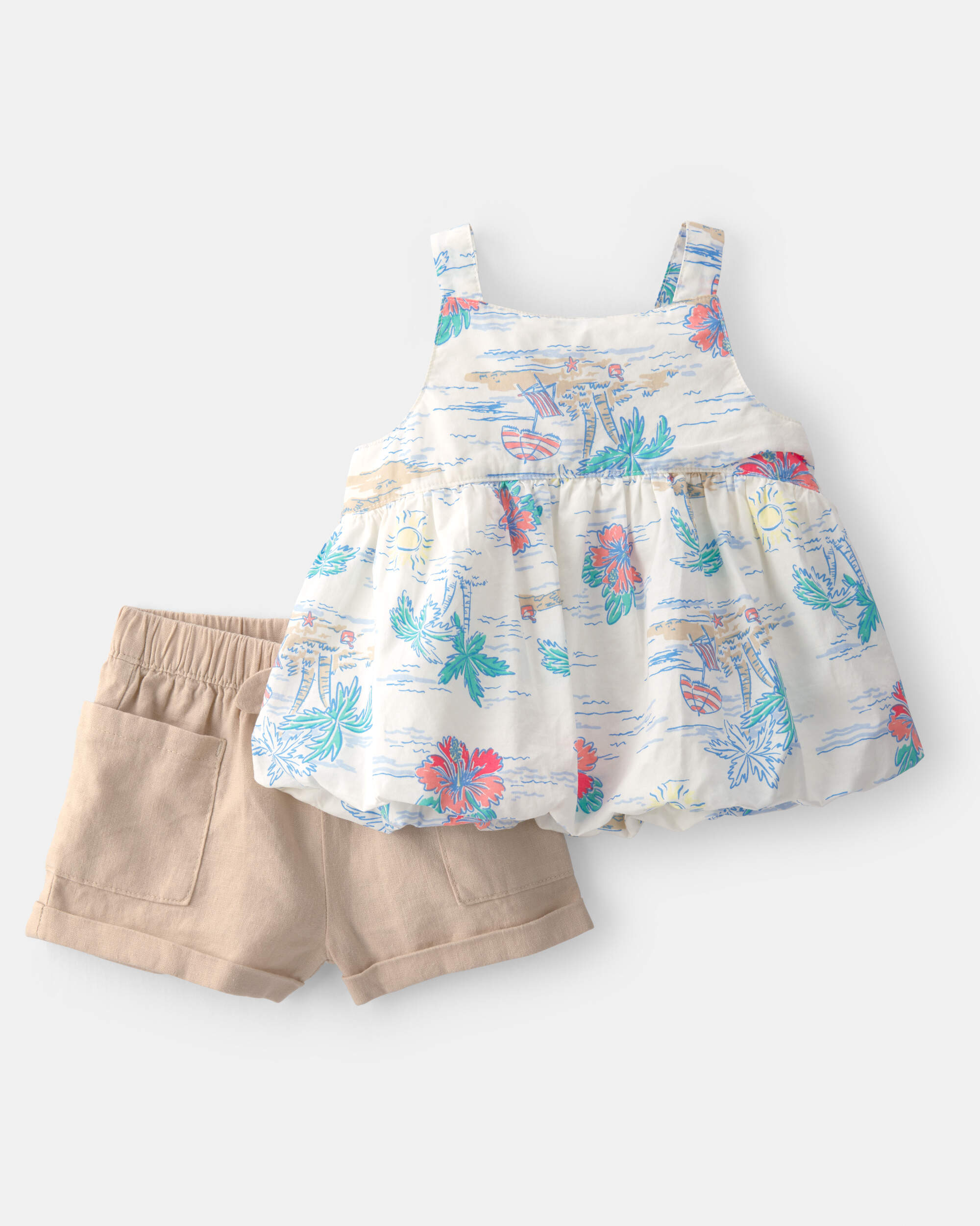 Baby Girl 2-Piece Palm Tree Tropical Sleeveless Top & Short Set - Brown/White