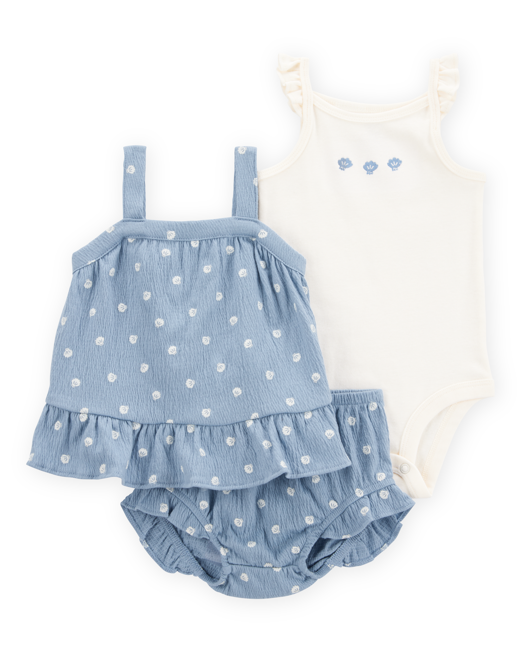 Baby 3-Piece Shell Print Outfit Set - Blue/White