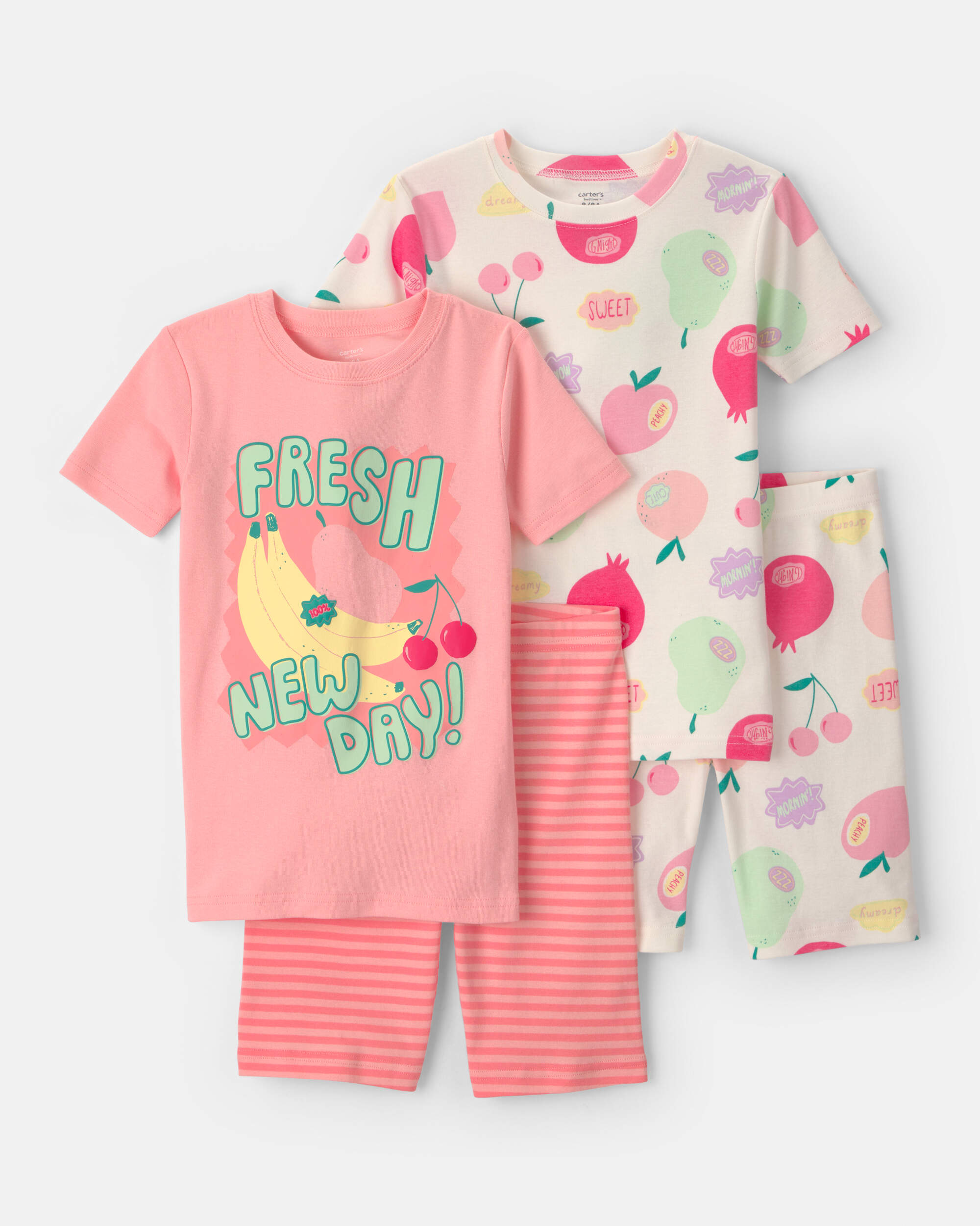 Girls Fruit 100% Cotton Short-Sleeve Snug Fit 4-Piece pyjama Set - Pink
