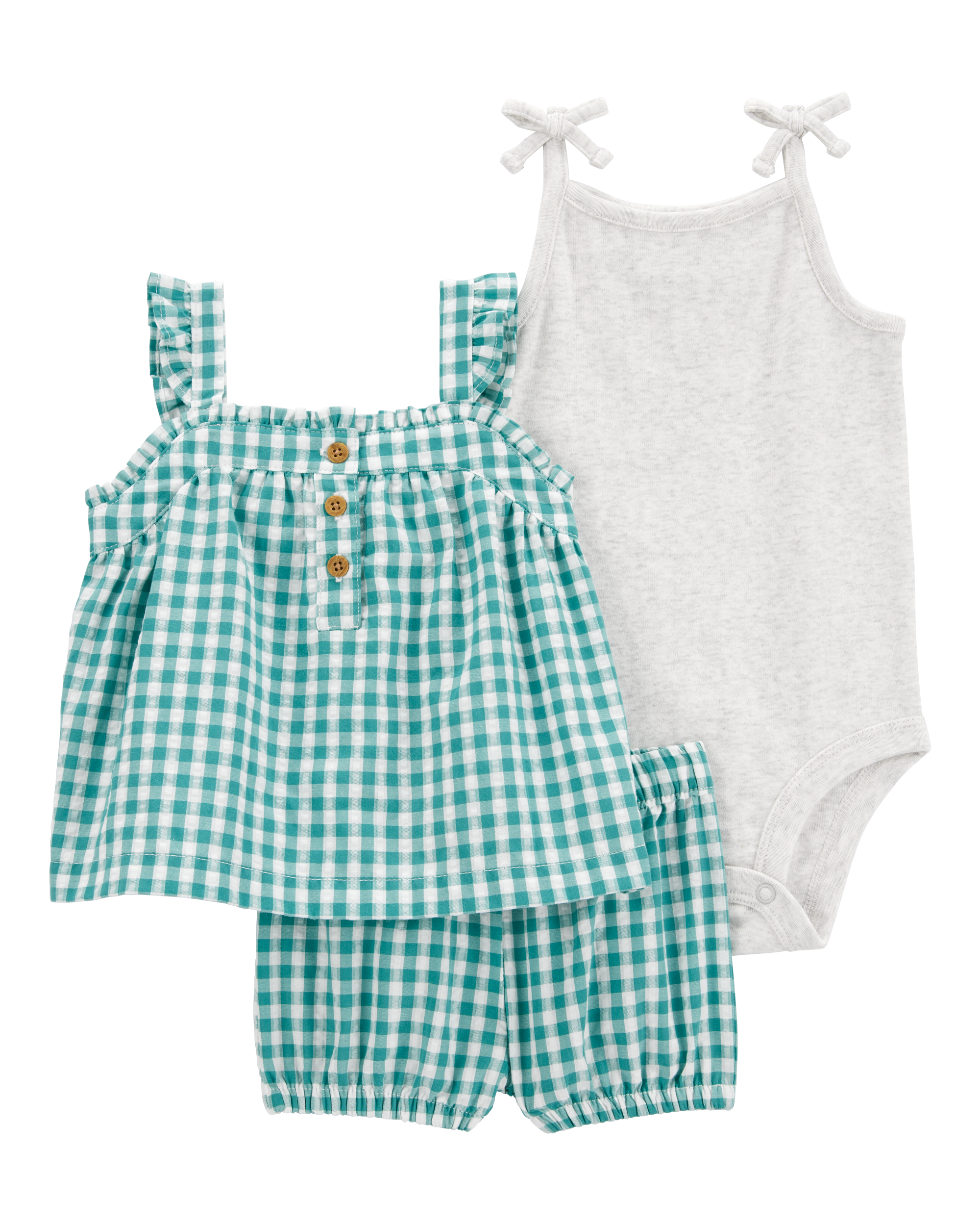Baby 3-Piece Gingham Outfit Set - Green/Grey