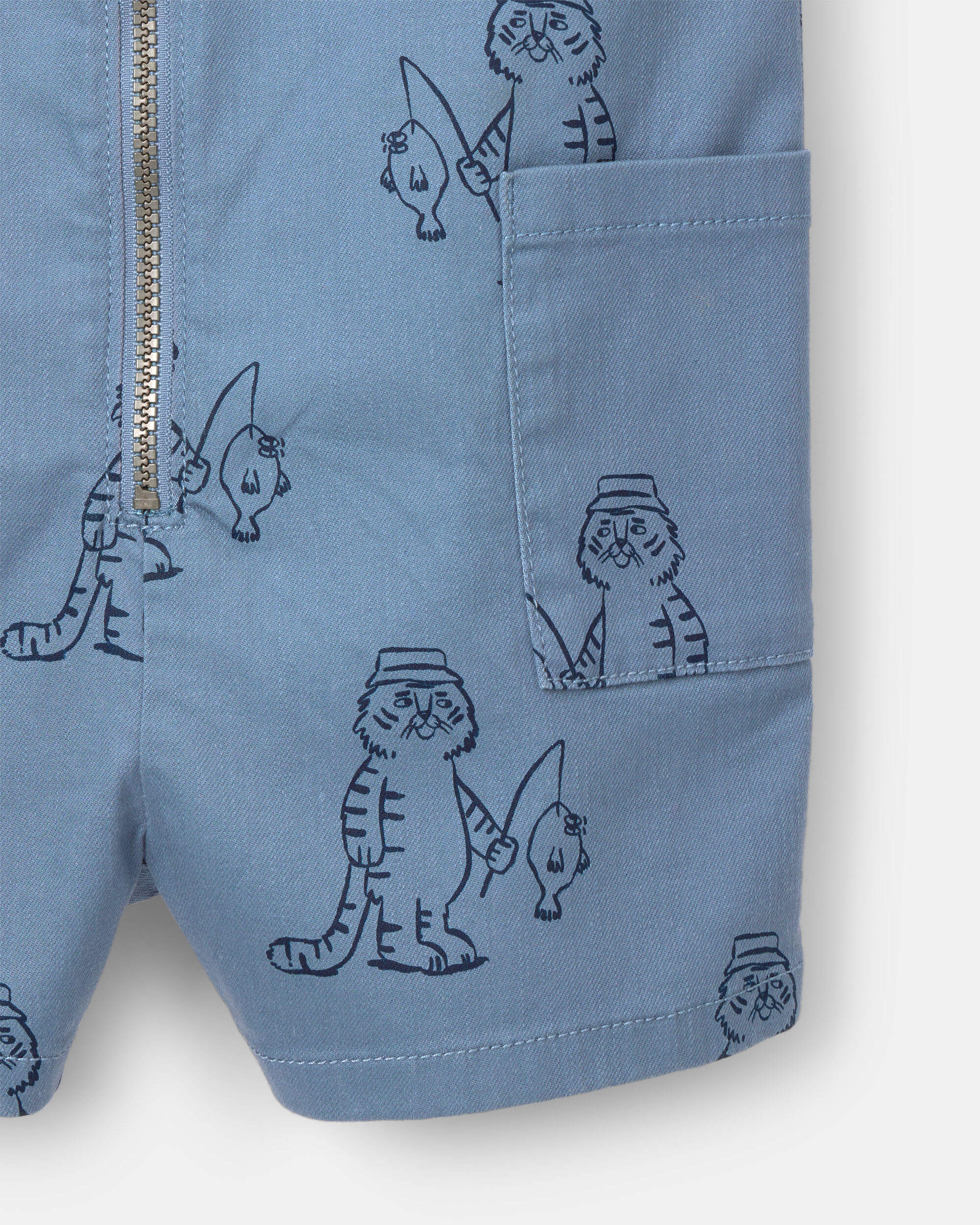 Toddler Boy Romper with Otter Pockets Fishing Tiger Print - Slate
