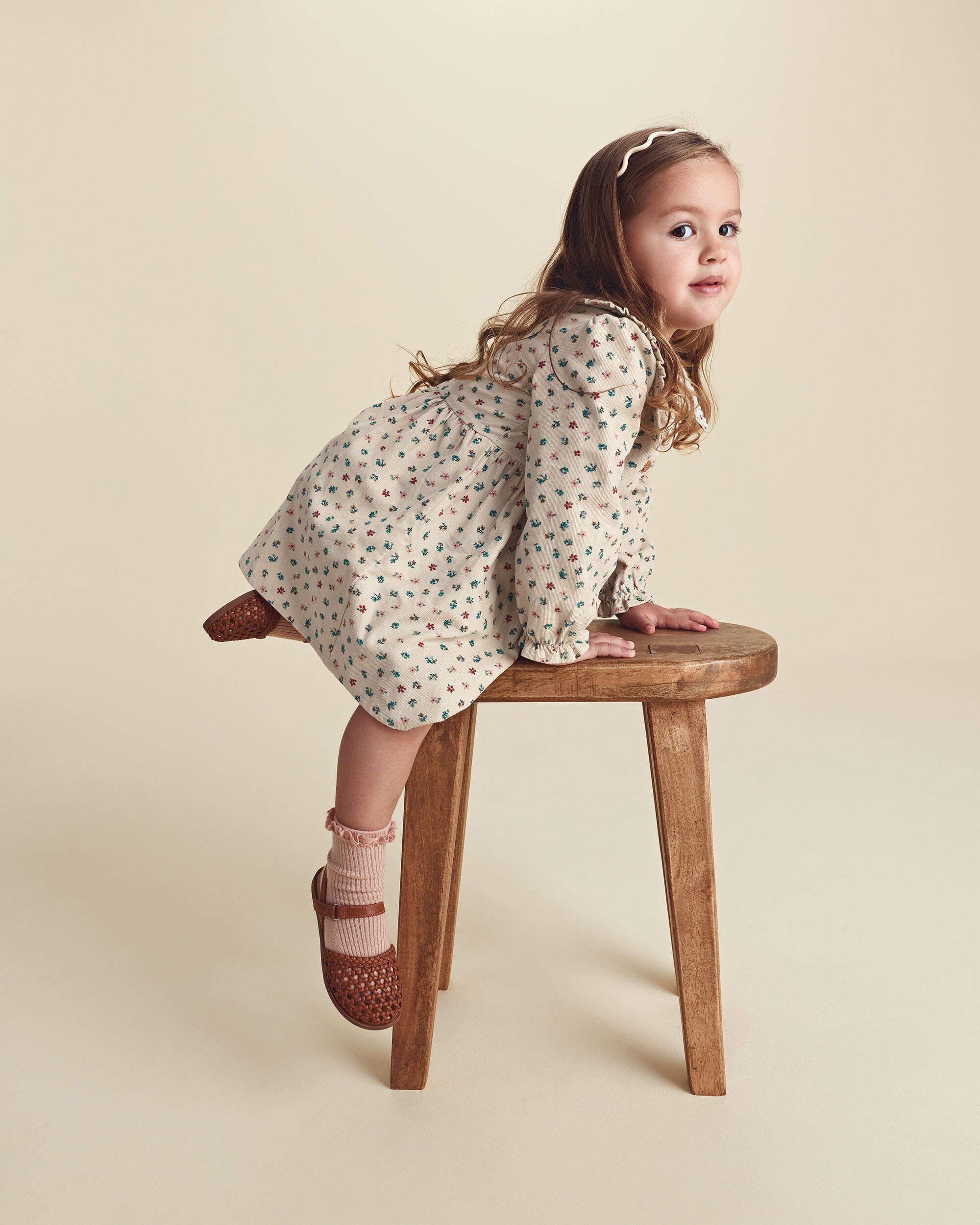 Toddler Girl Floral Collared Corduroy Long-Sleeve Dress - Cream