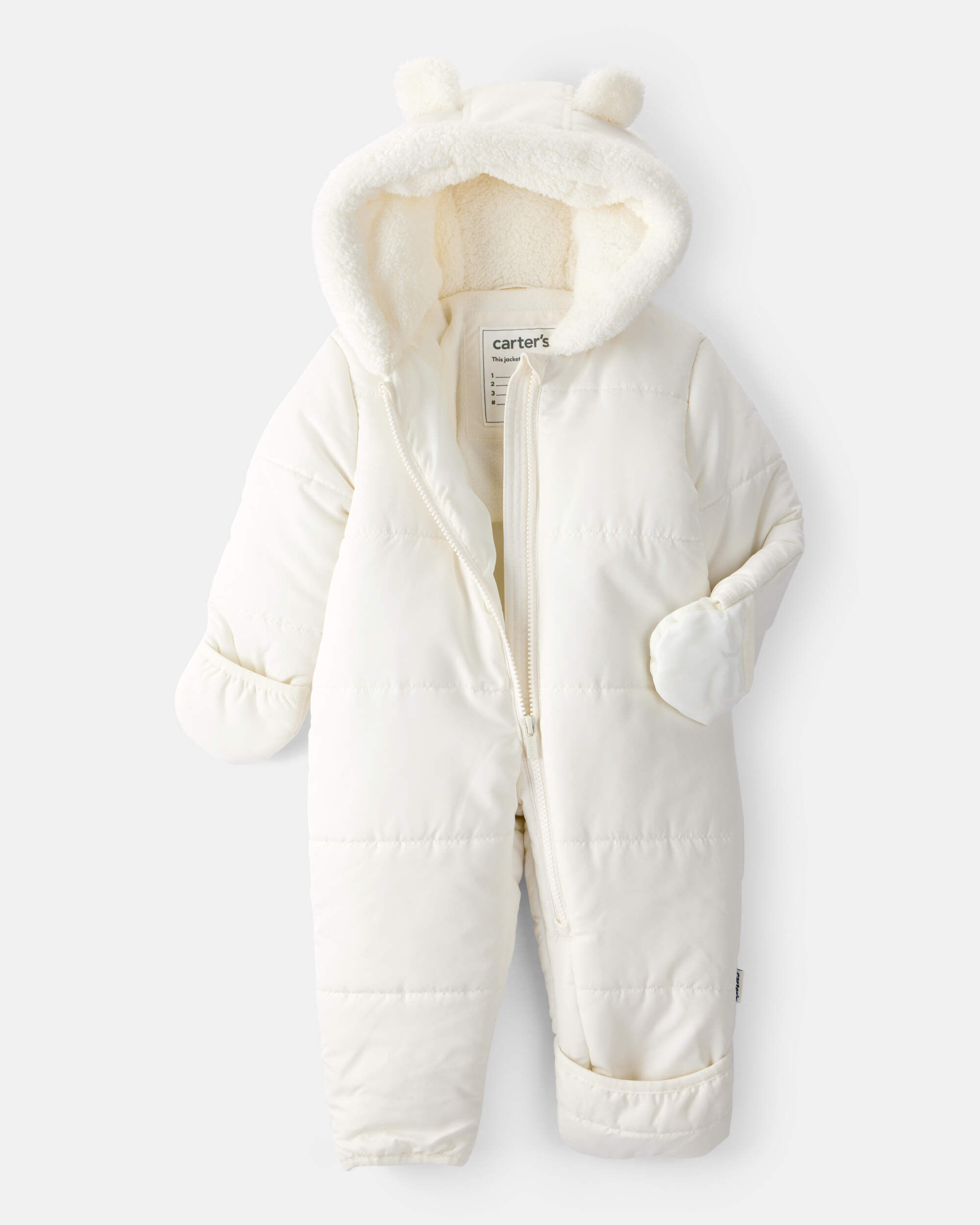 Baby Girl 1-Piece Bear Ears Hooded Pram Snowsuit - Cream
