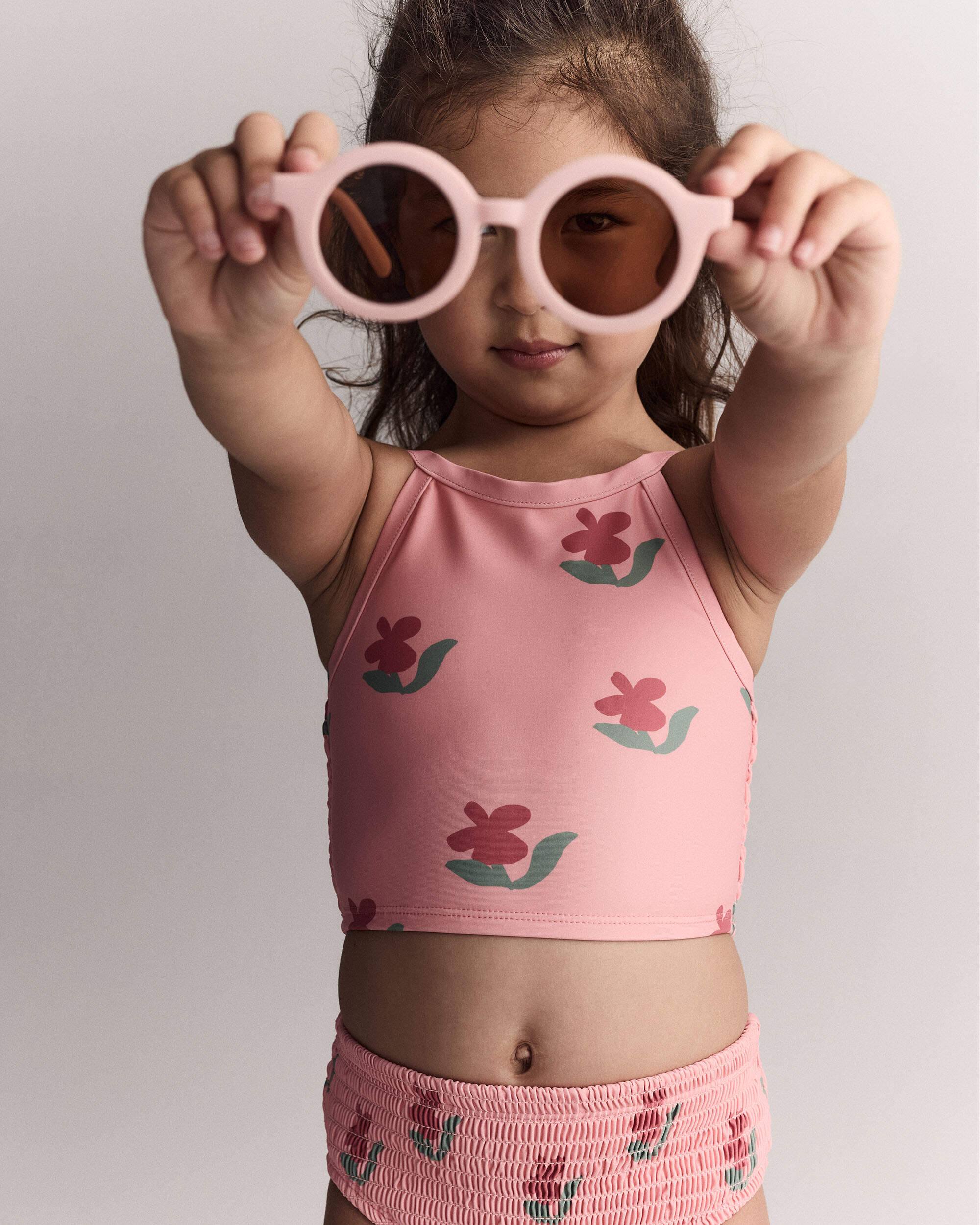 Toddler Girl Smocked Tankini Floral Print - Pink