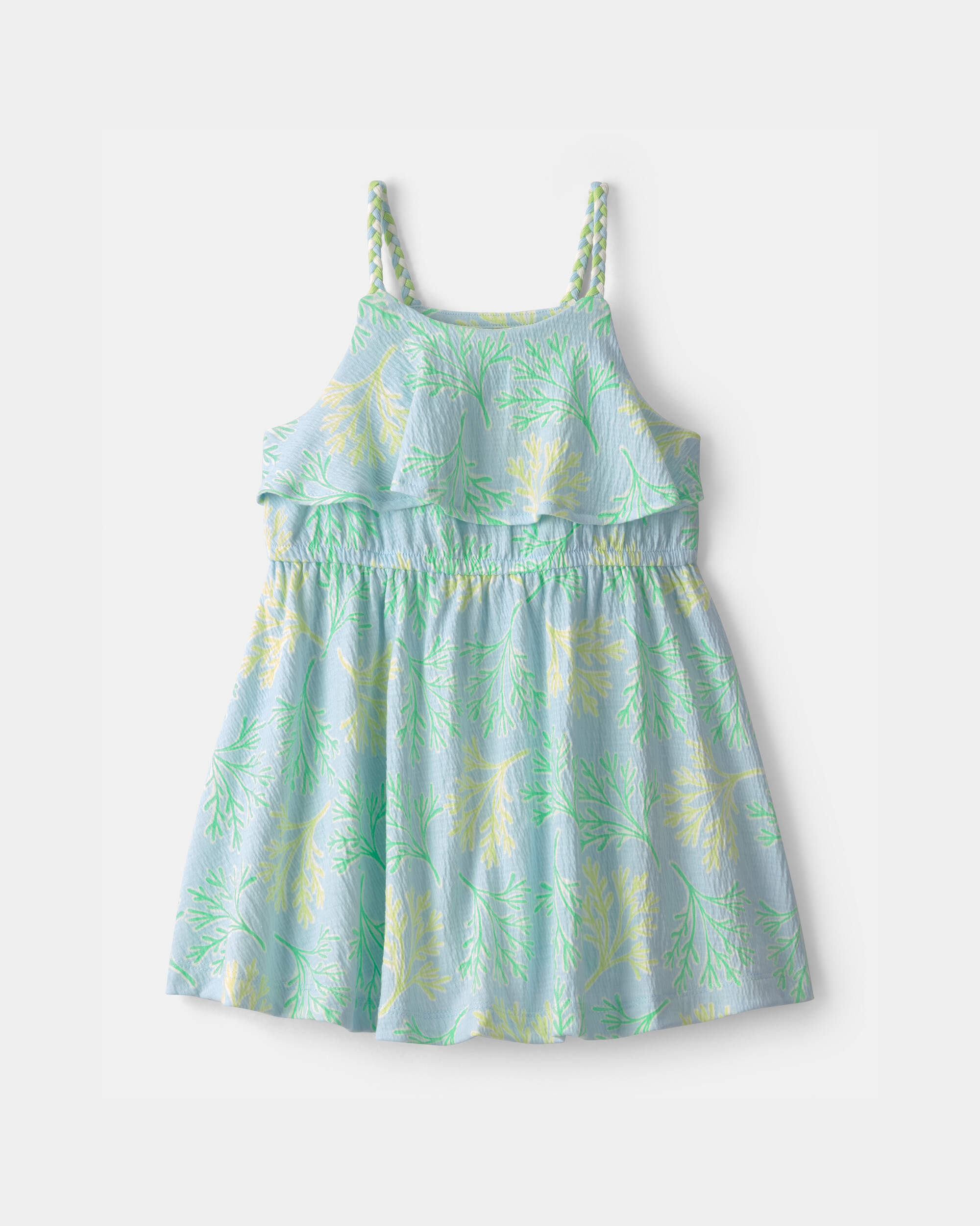 Toddler Girl Palm Leaves Ruffle Dress - Blue