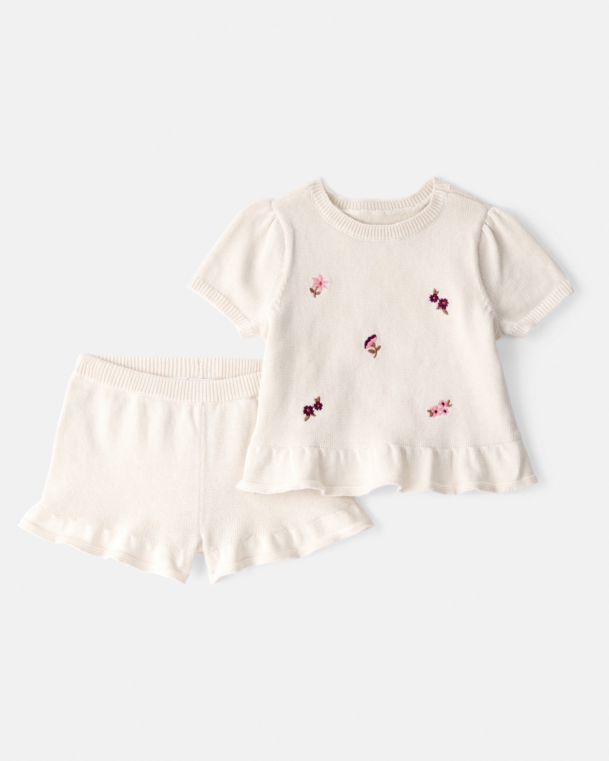Baby Girl 2-Piece Floral Embroidered Short-Sleeve Top & Short Set - Cream