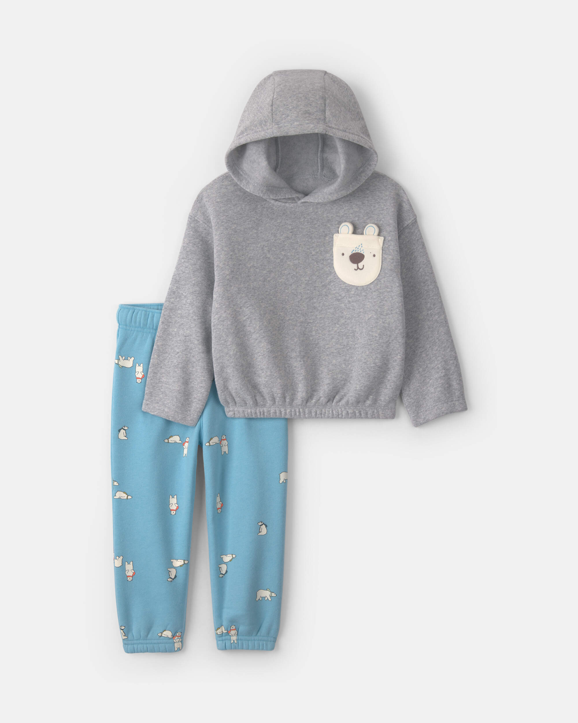 Baby Boy 2-Piece Polar Bear Fleece Hooded Top & Pant Set - gray/Blue