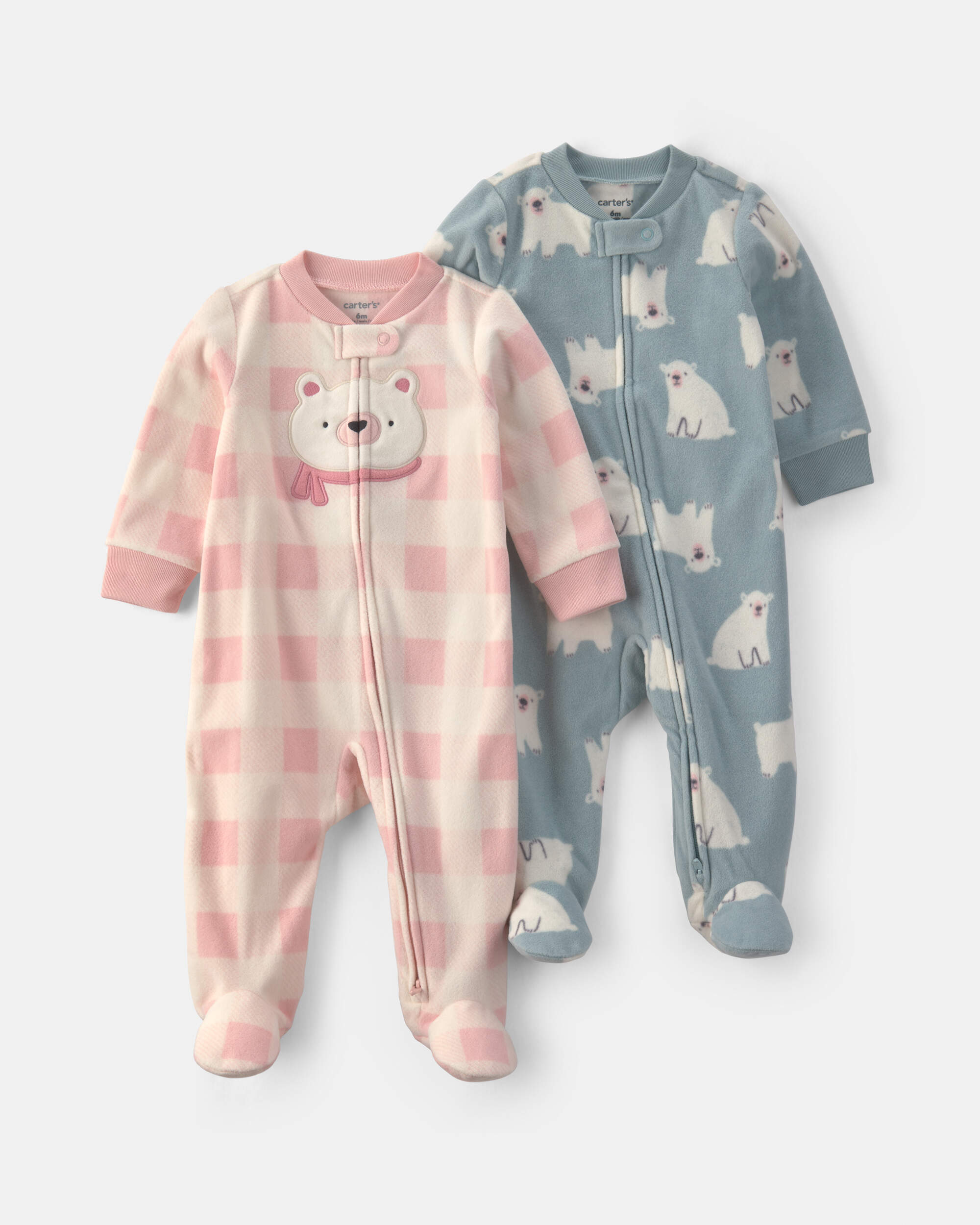 Baby Girl 2-Pack Polar Bear Plaid Fleece 2-Way Zip Sleepers