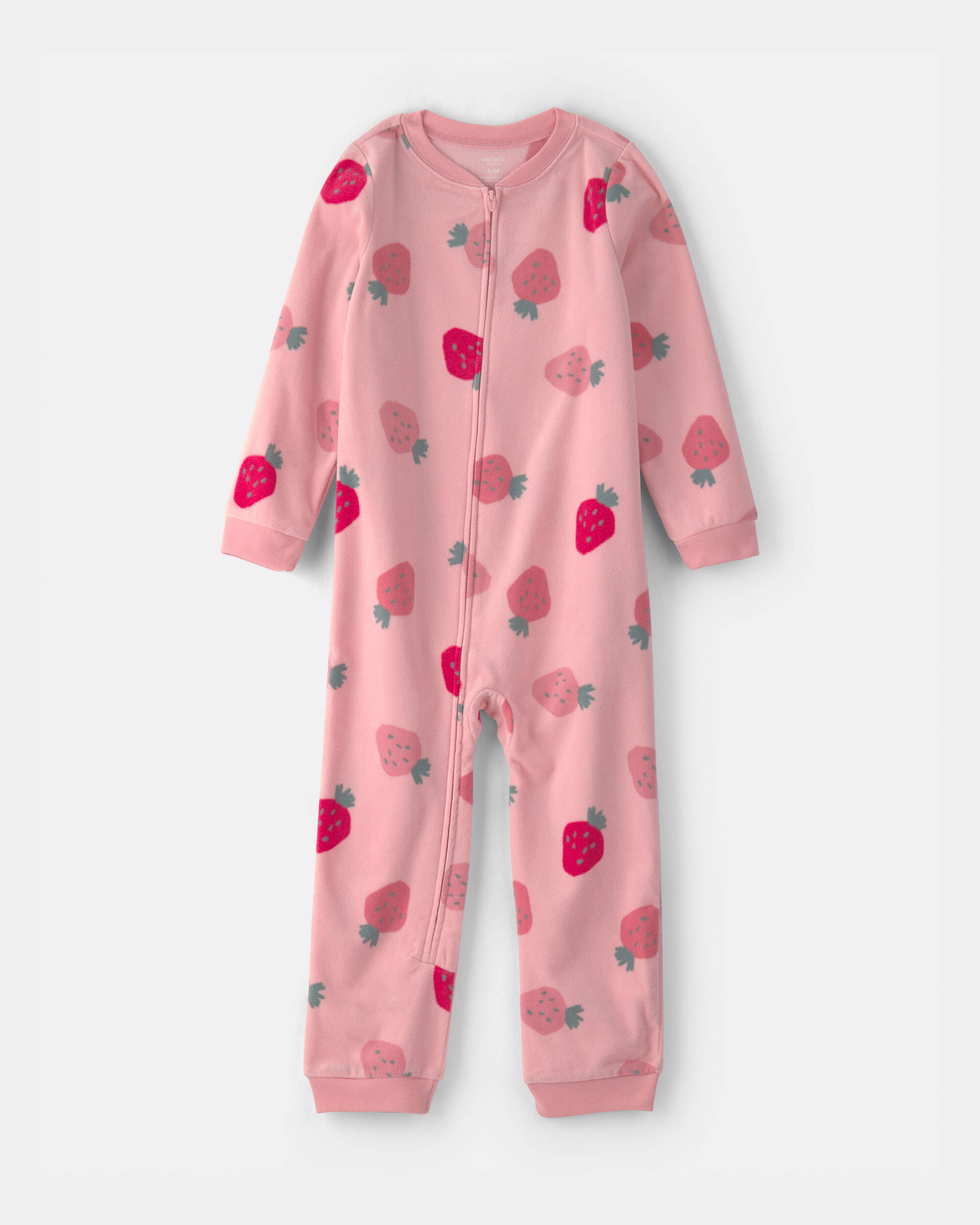 Girls Strawberry Fleece Long-Sleeve 1-Piece Pyjamas - Pink