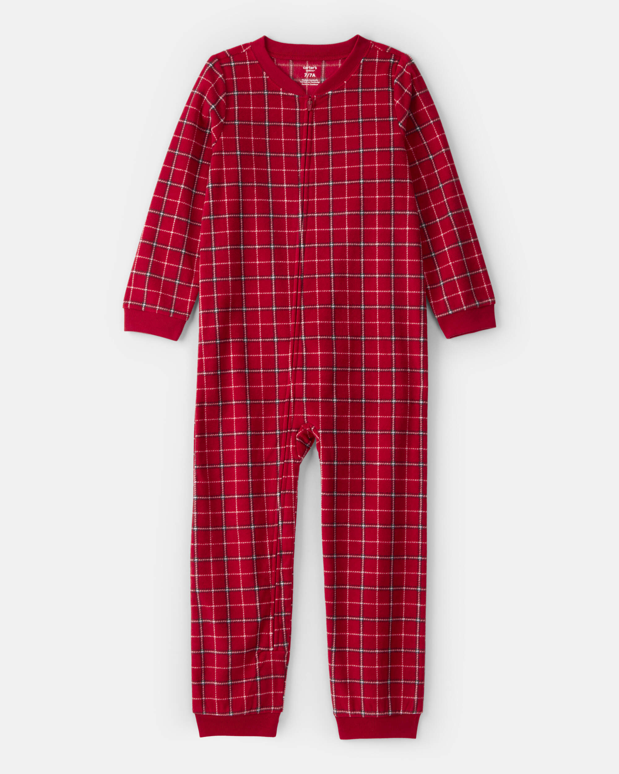 Boys Plaid Print Fleece Loose Fit 1-Piece Pyjamas - Red