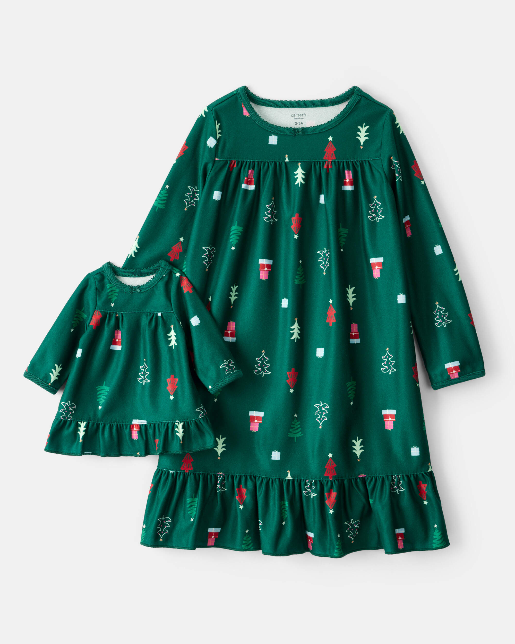 Girls 2-Piece Green Trees Long-Sleeve Loose Fit Night Gown & Matching Doll