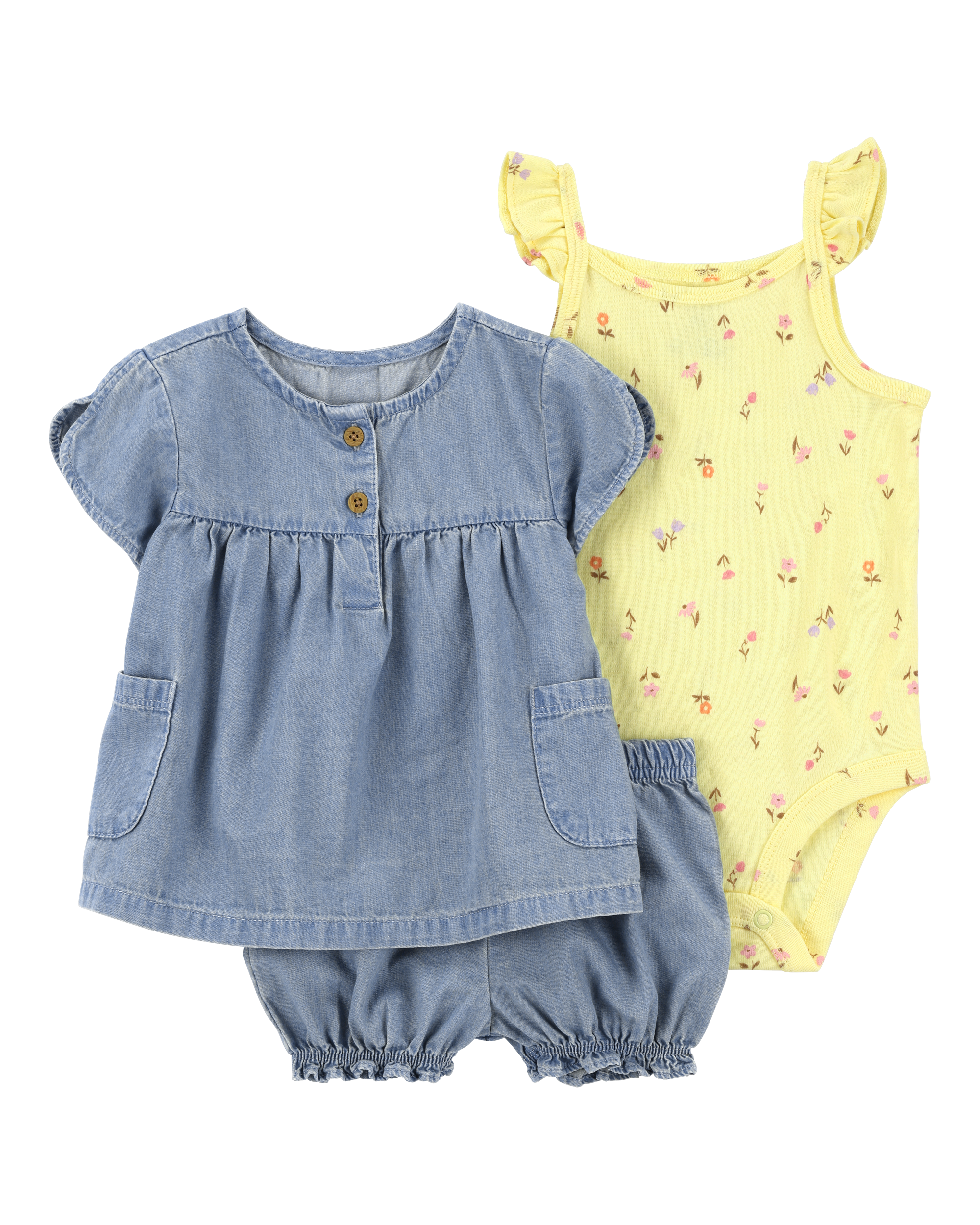 Baby Girl 3-Piece Floral Outfit Set - Yellow/Chambray