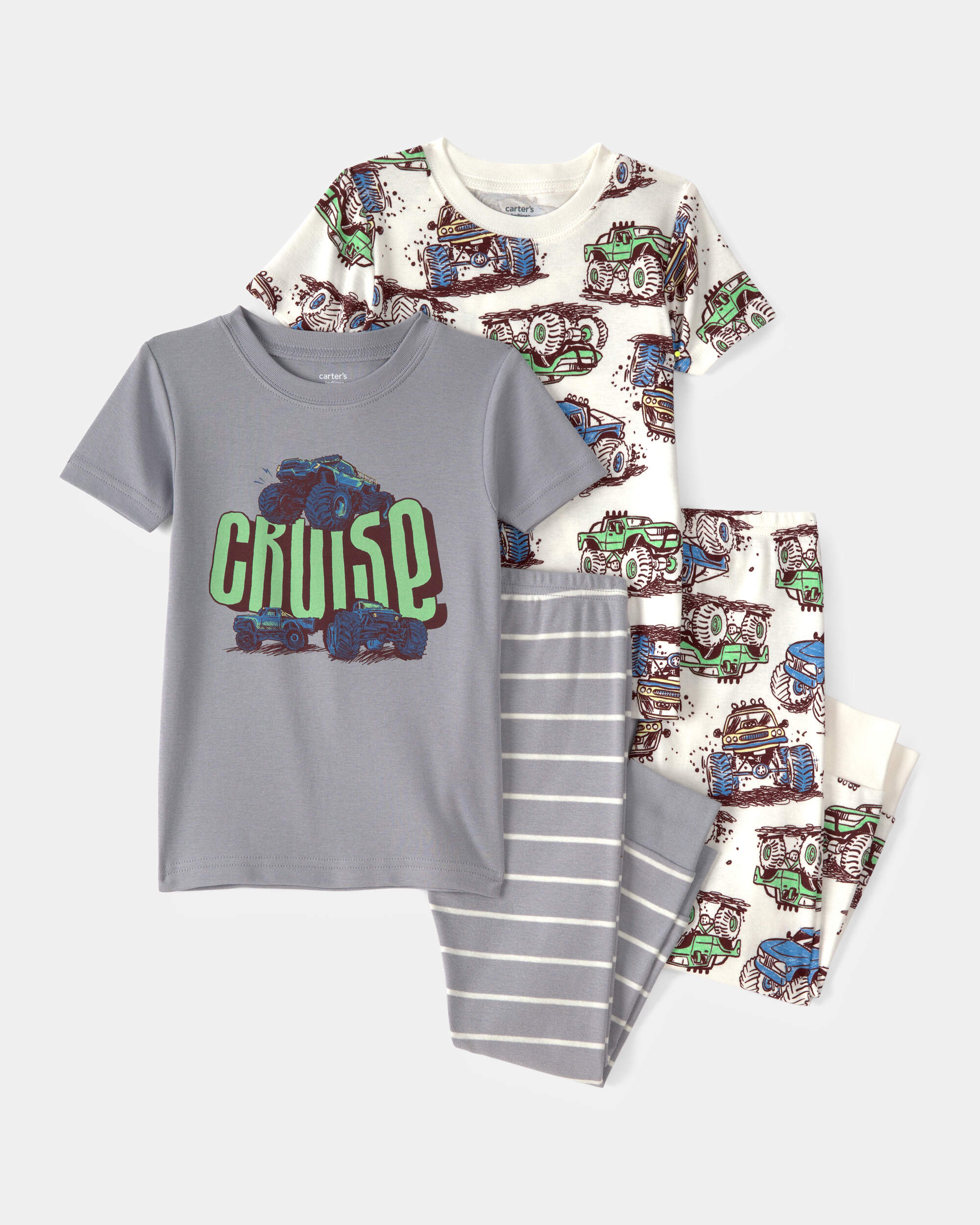 Toddler Boy Monster Truck 100% Cotton Snug Fit 4-Piece Pyjama Set - Grey