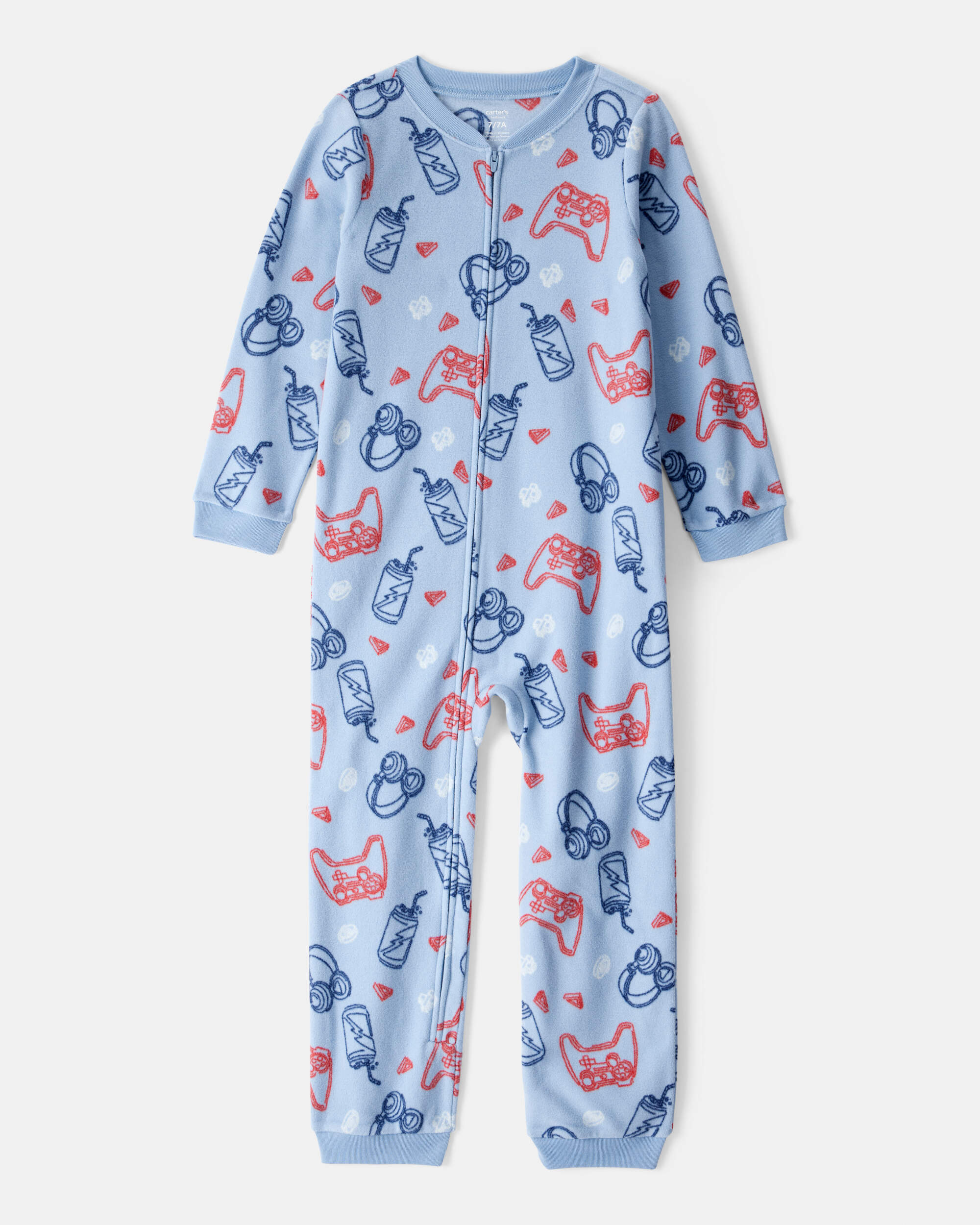 Boys Video Games Print Loose Fit Long-Sleeve Zip-Up 1-Piece Pyjamas - Blue