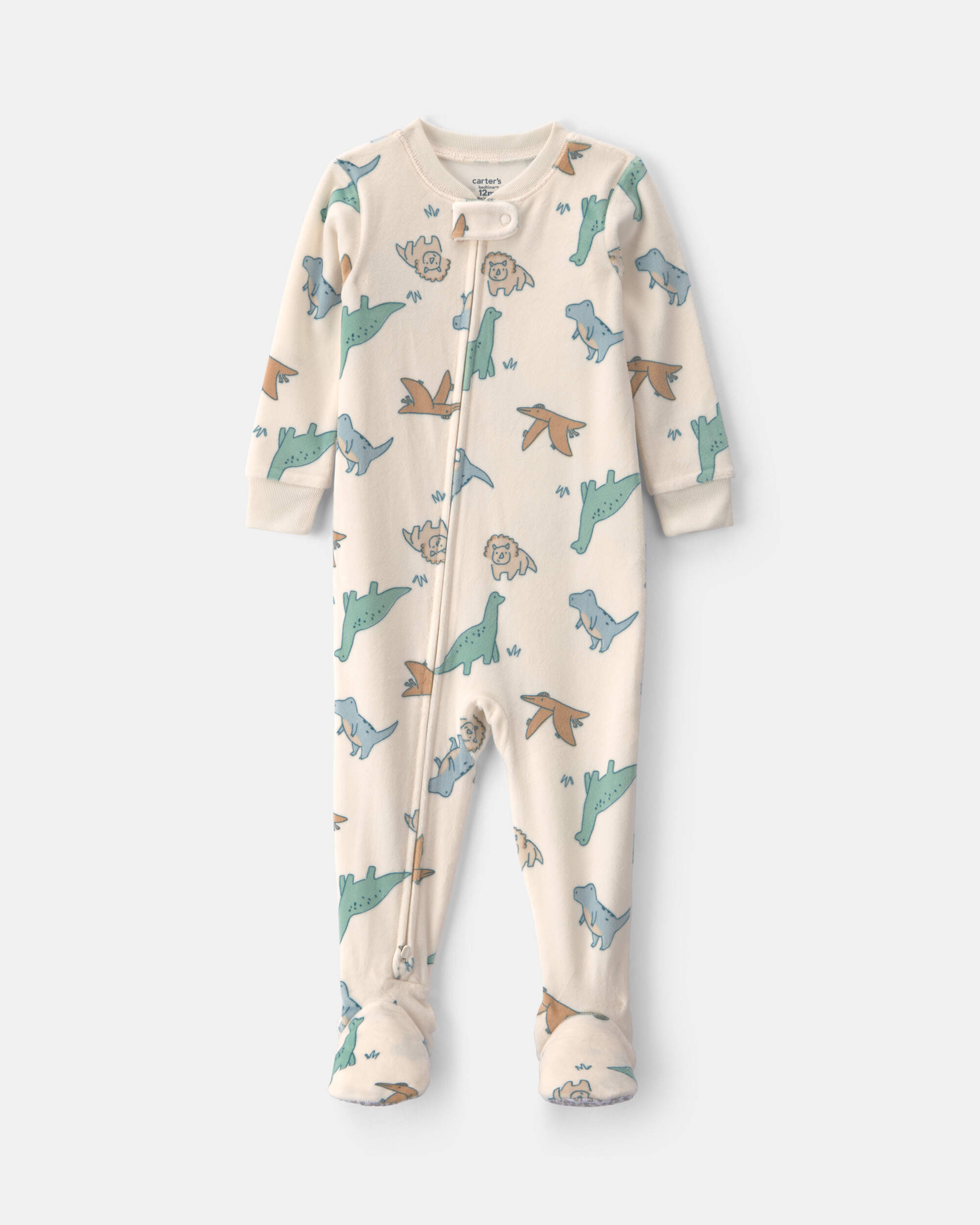 Baby Boy 1-Piece Dino 2-Way Zip DreamPlush Snug Fit Footed Pyjama - Cream