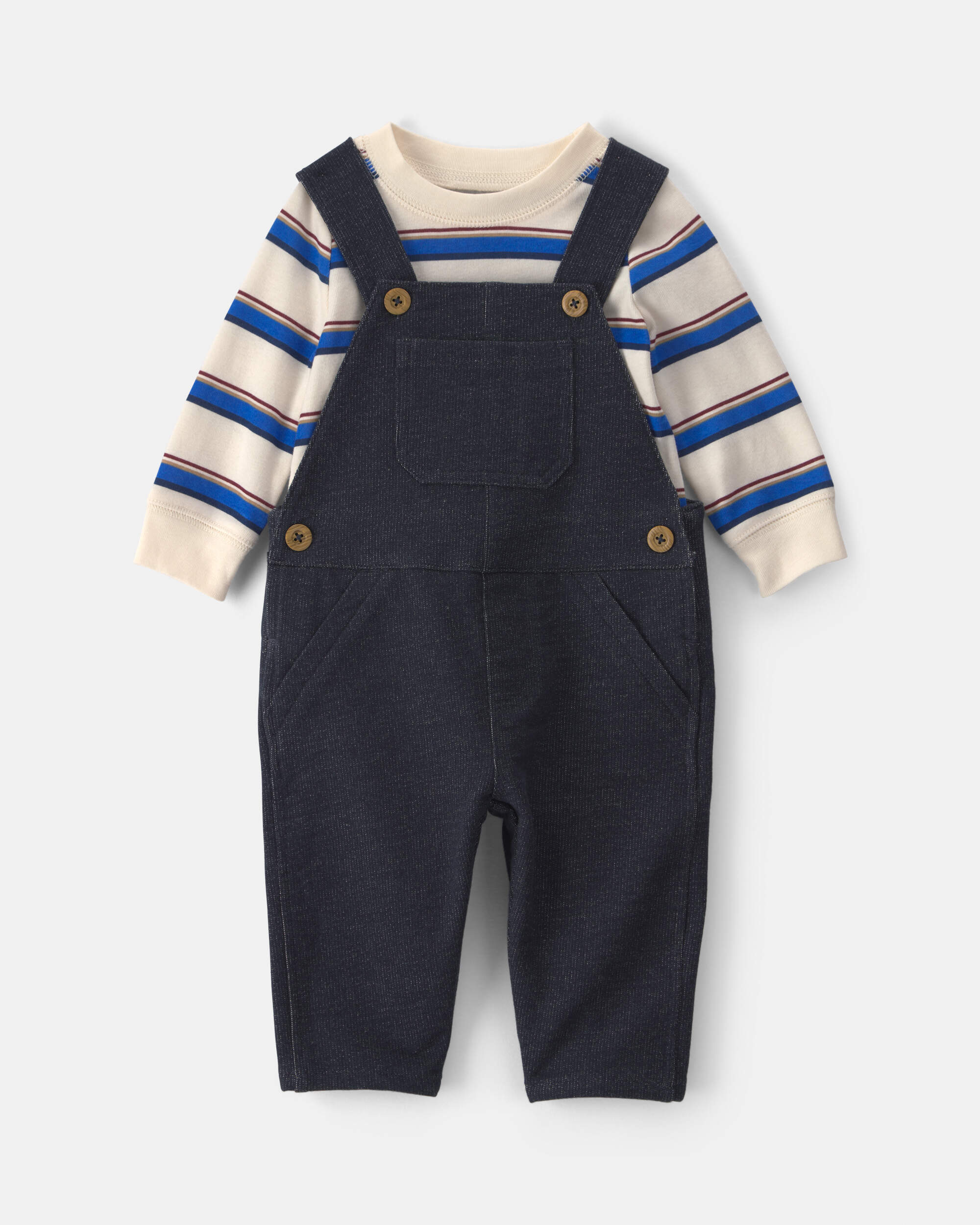 Baby Boy 2-Piece Striped French Terry Long-Sleeve Overall Set - Indigo/Cream