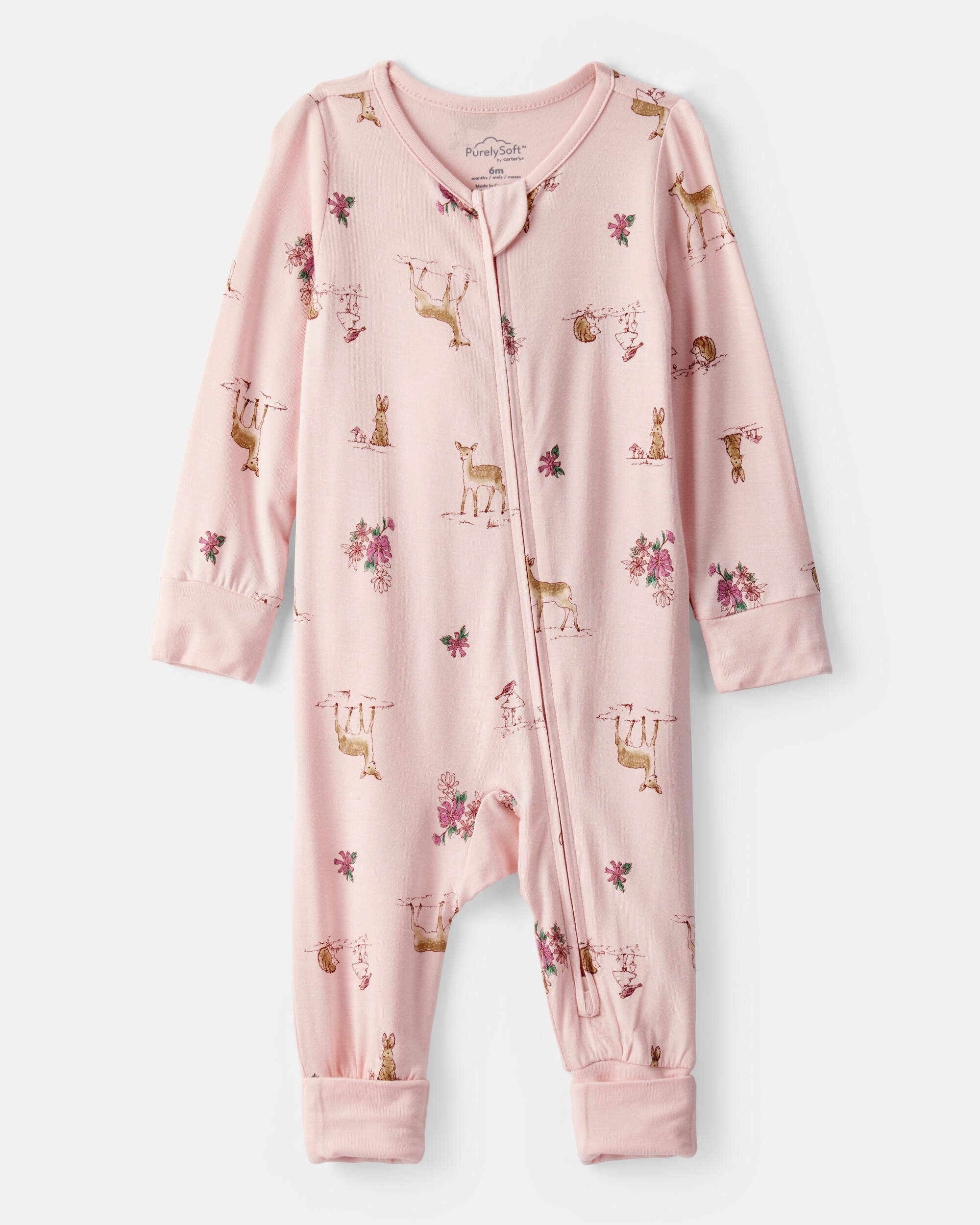 Baby Girl Deer & Floral Print PurelySoft Sleeper - Pink
