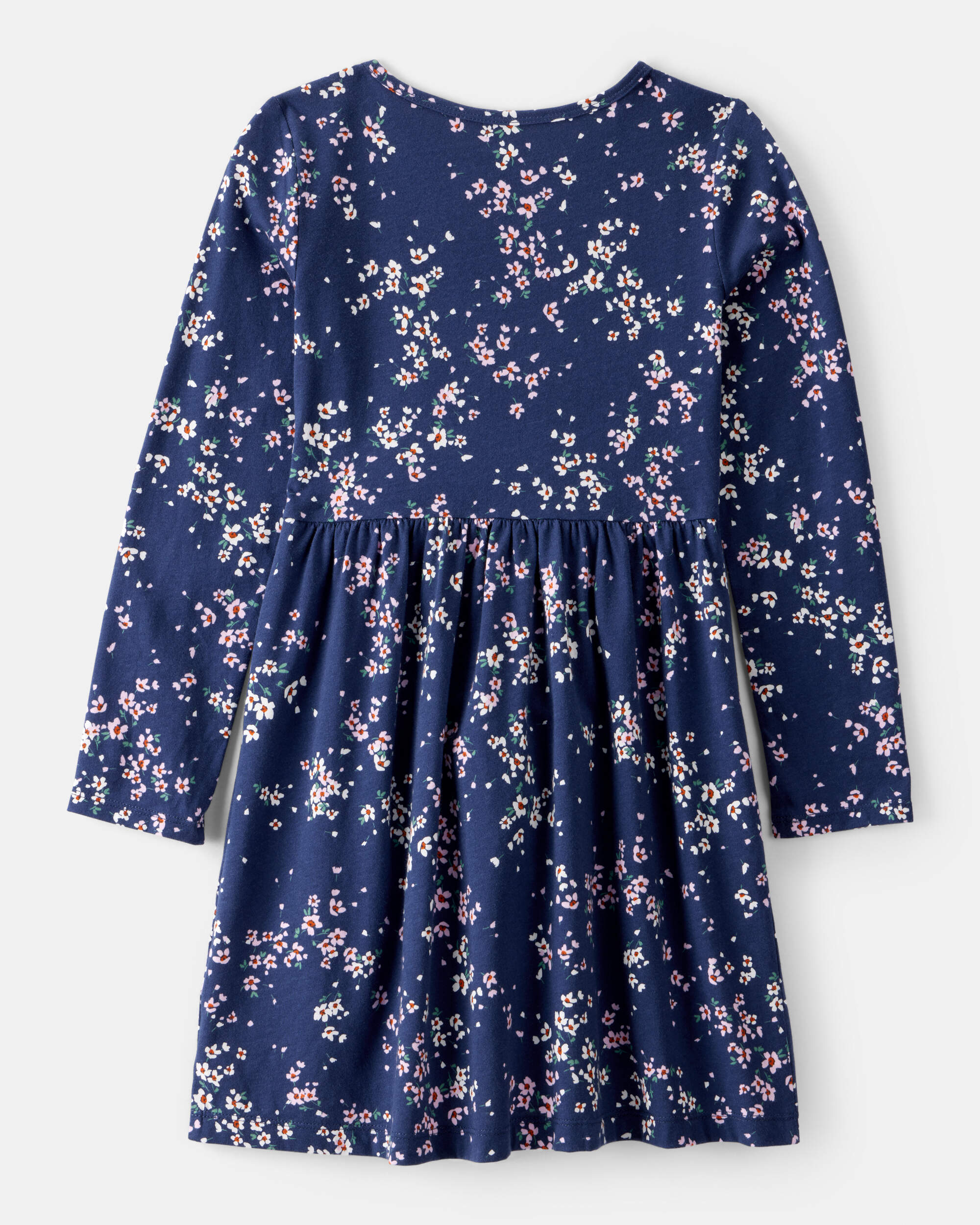 Girls Floral Print Long Sleeve Cotton Dress - Navy