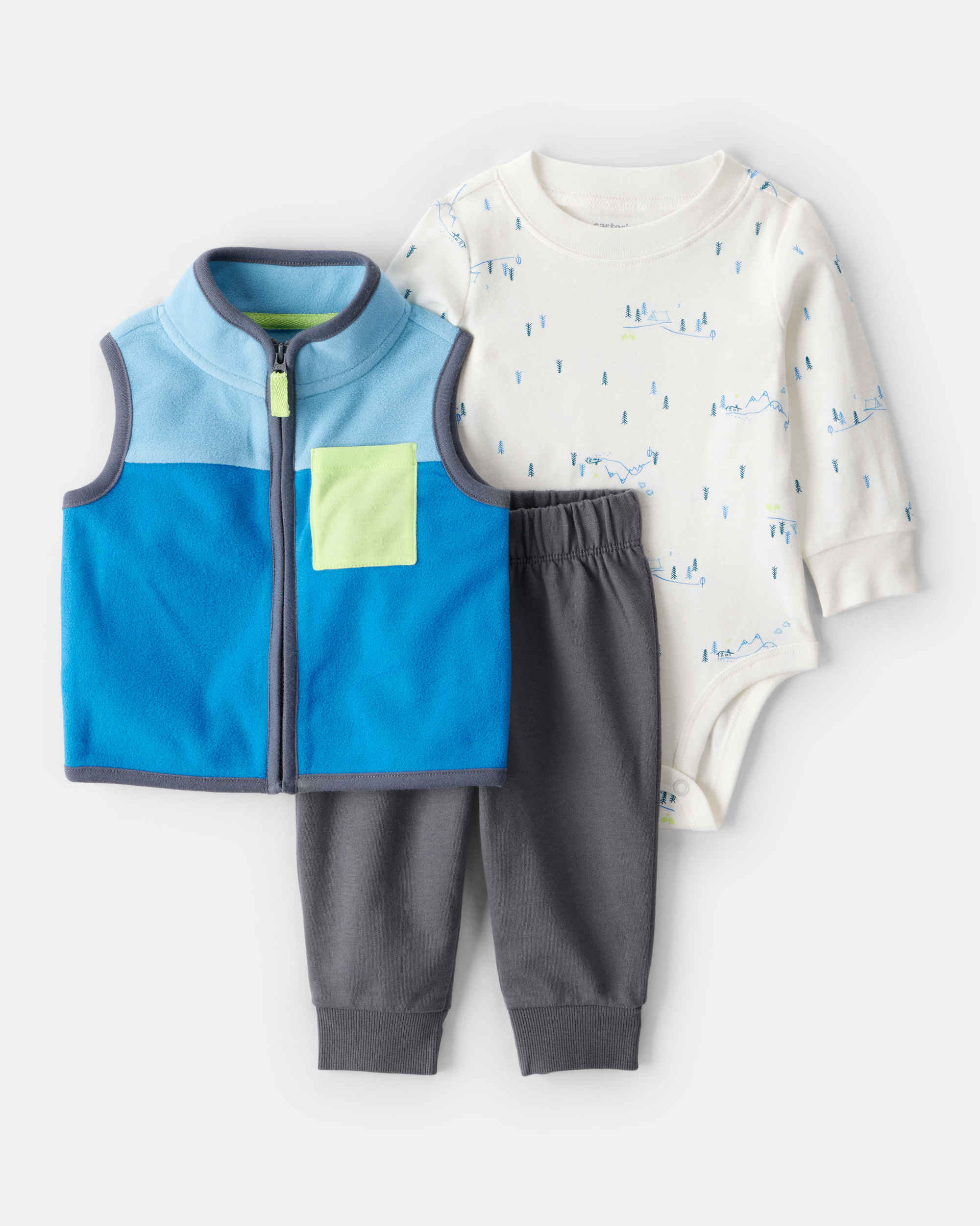 Baby Boy 3-Piece Fleece Vest Outfit Set - Blue