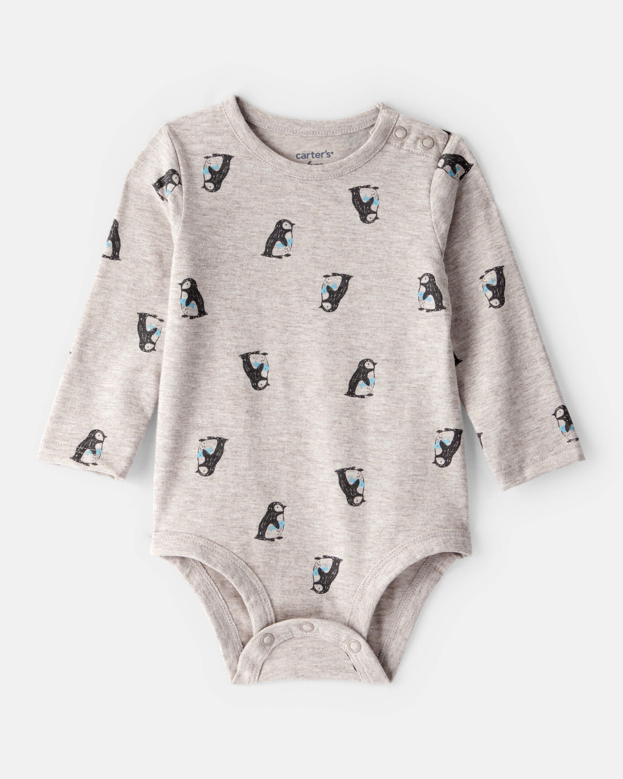 Baby Penguin Print Long-Sleeve Graphic Bodysuit - Grey