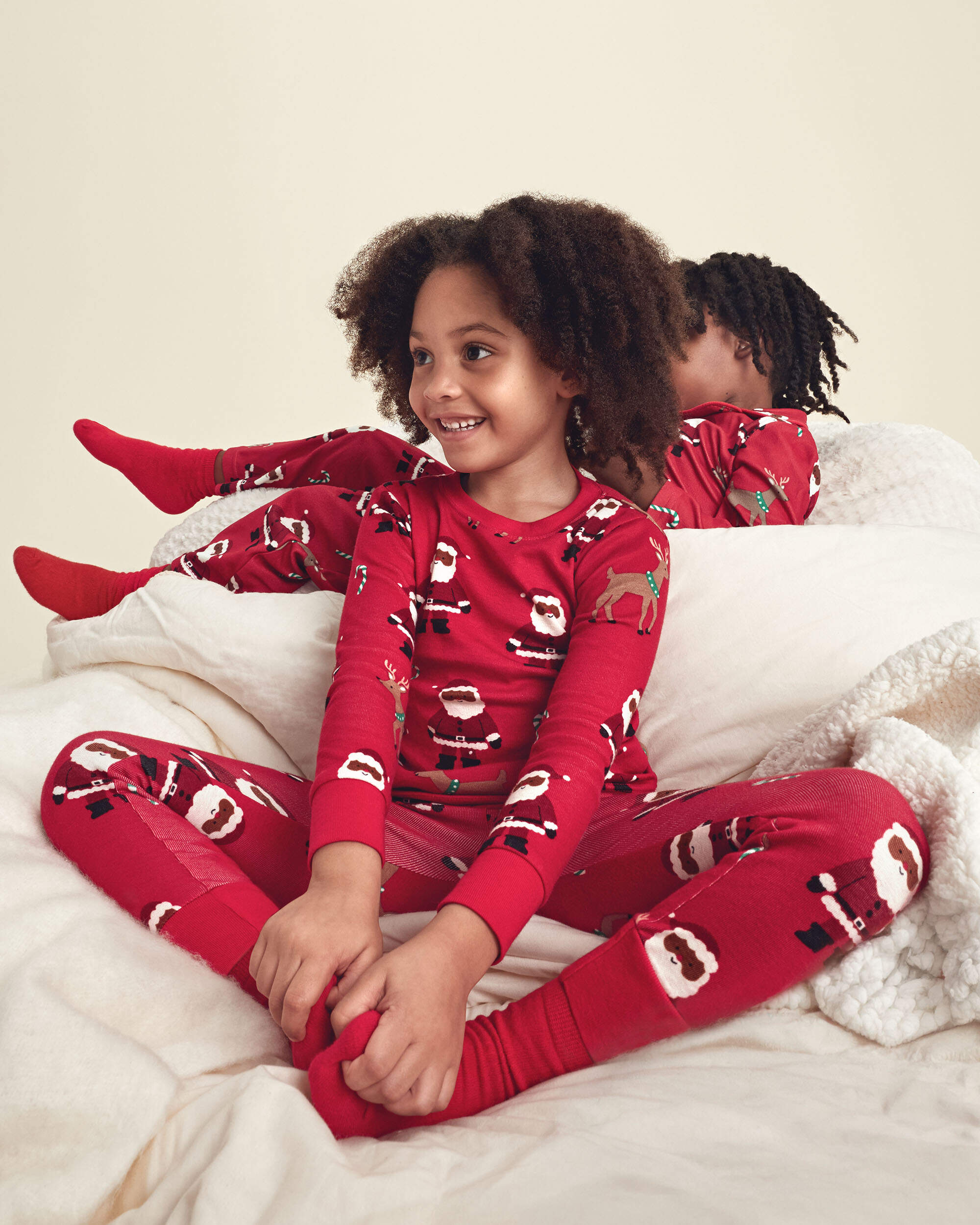 Kids 2-Piece Brown Santa Christmas 100% Cotton Snug Fit Pyjama Set - Red