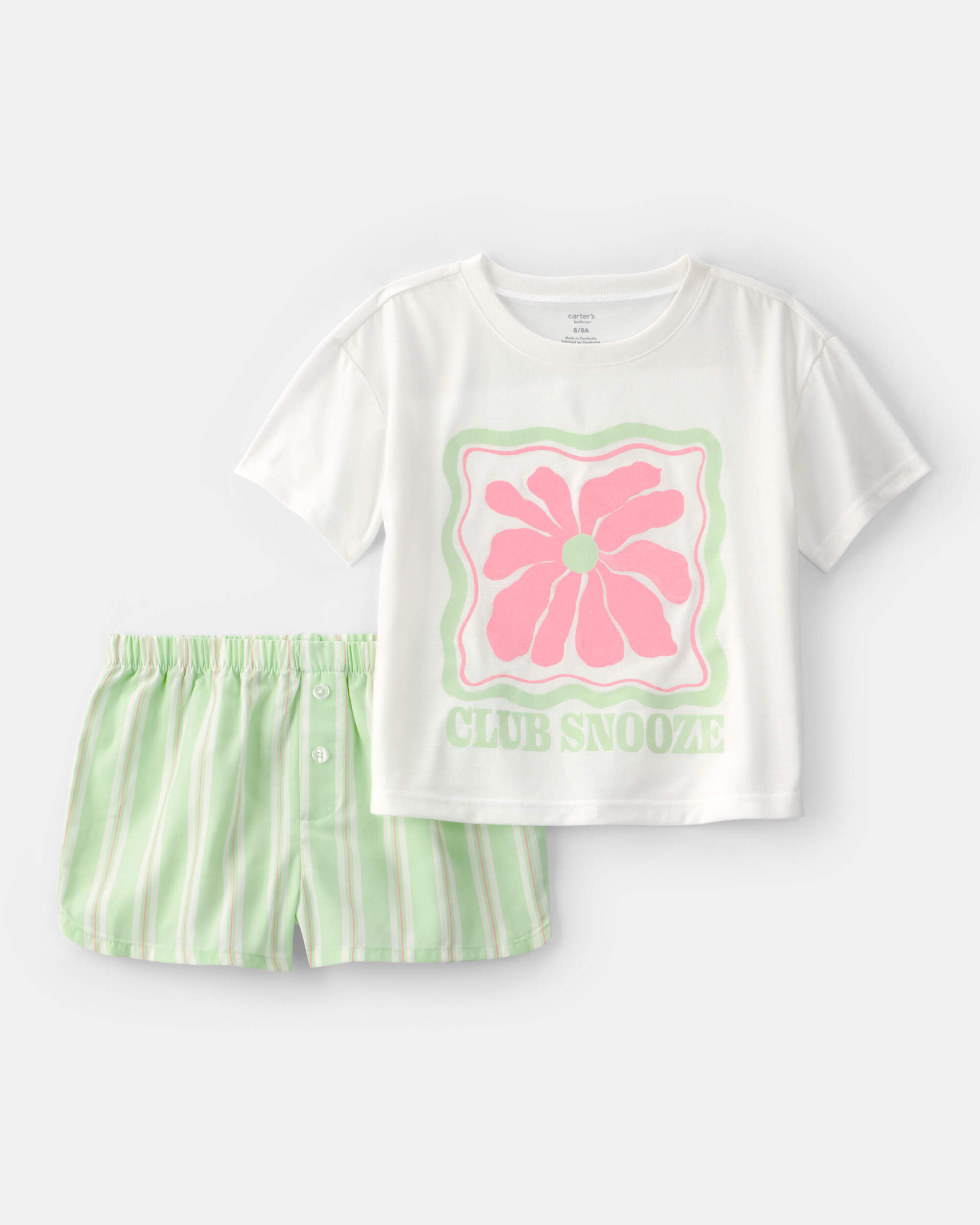 Girls Club Snooze' Flower Short-Sleeve Loose Fit 2-Piece Pyjama Set - Ivory/Green