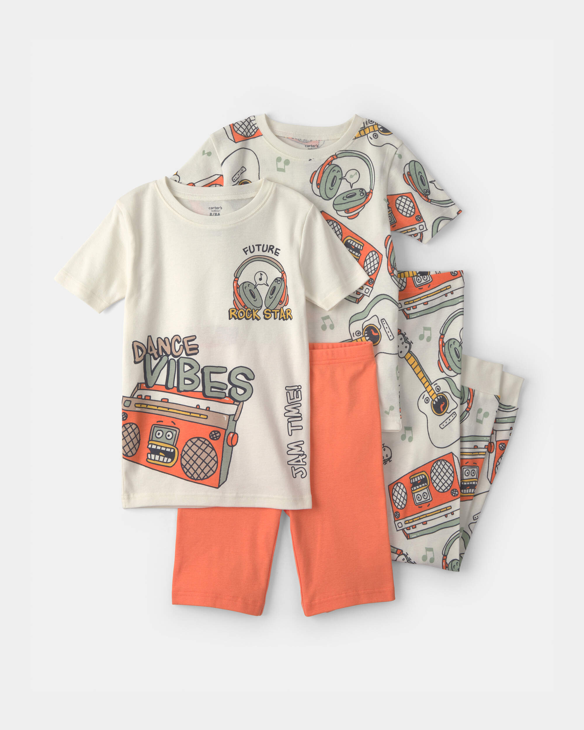 Boys Dance Vibes' 100% Cotton 4-Piece Pyjama Set - Ivory/Orange