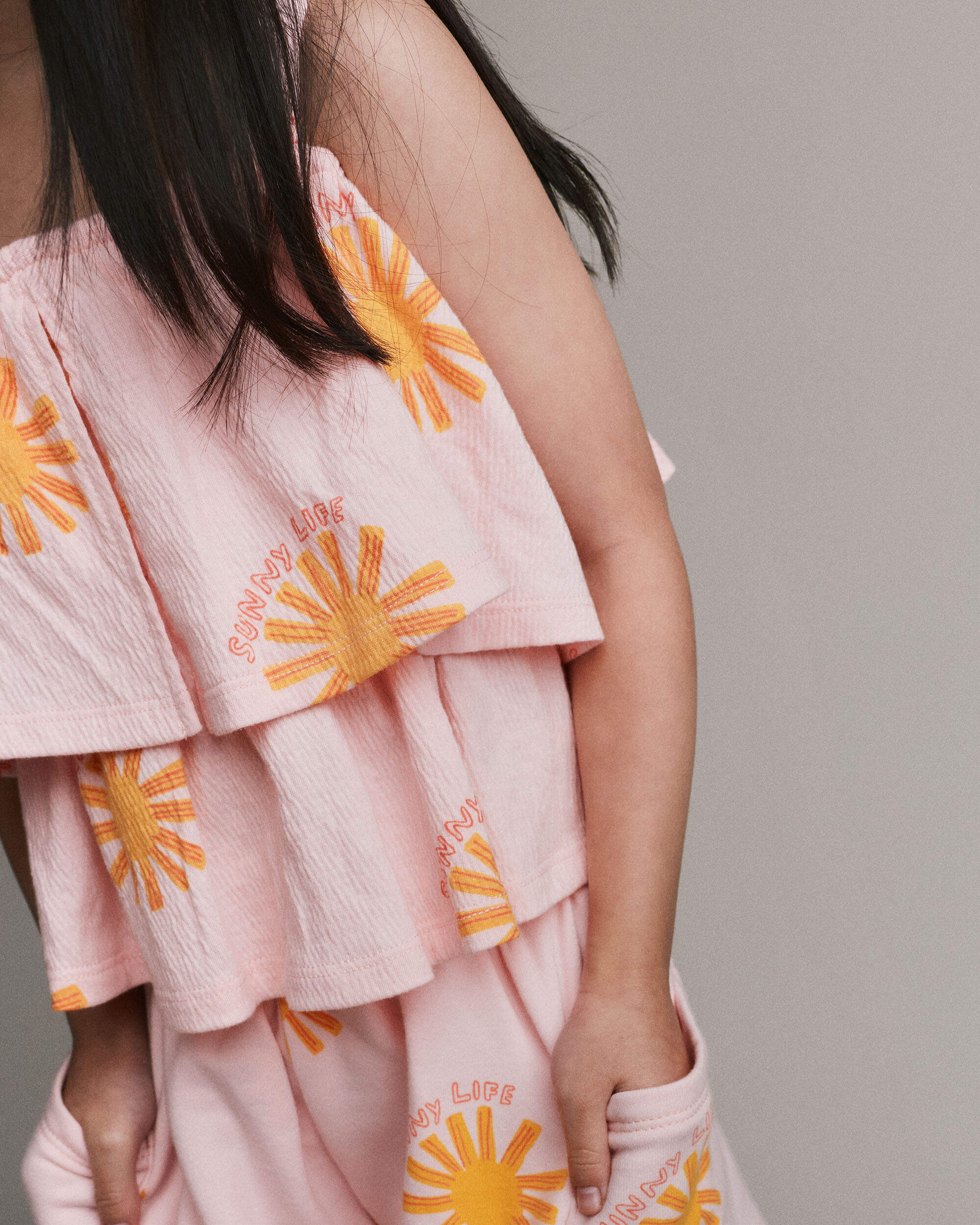 Toddler Girl Off Shoulder Flowy Top Sunny Life Print - Light Pink