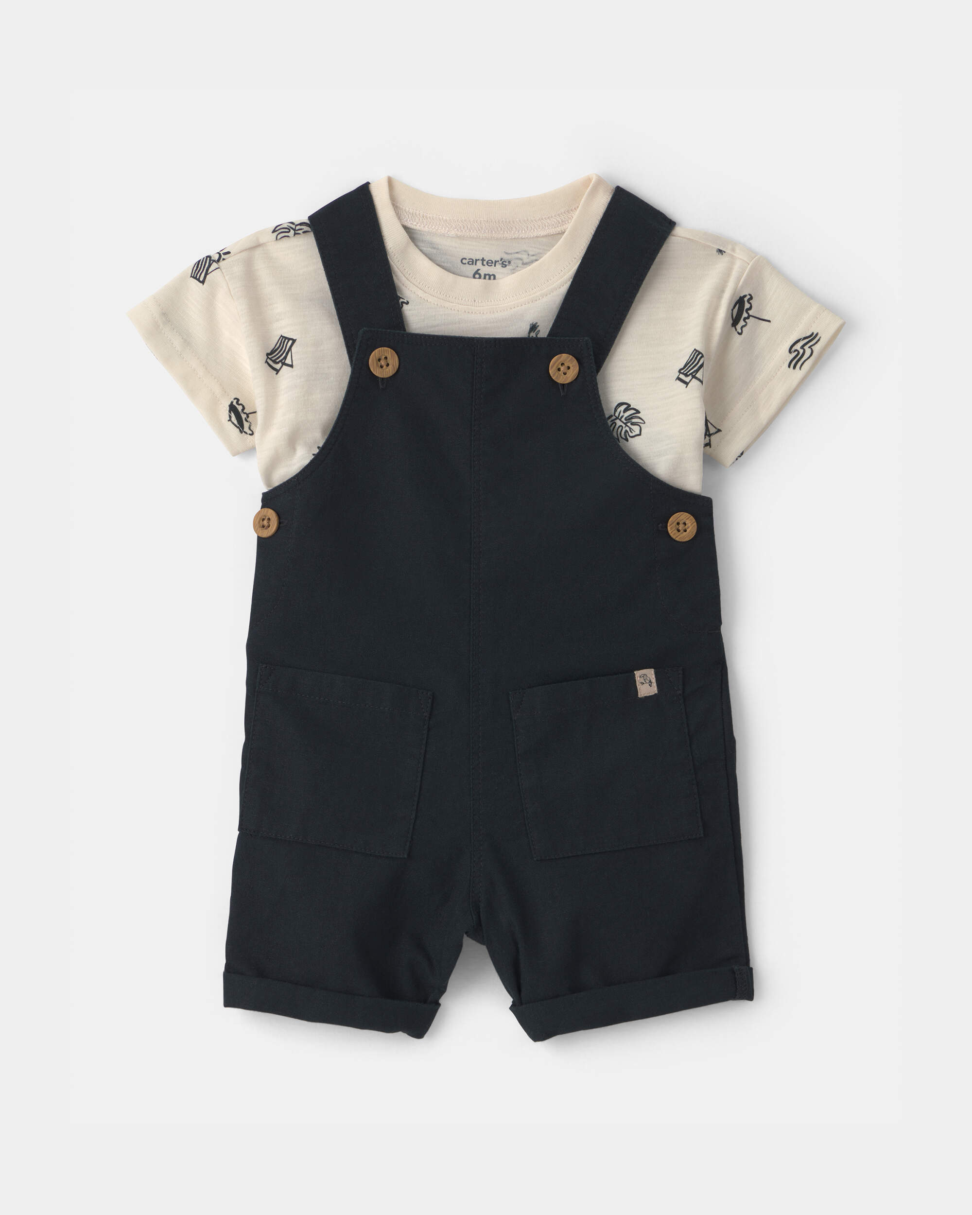 Baby Boy 2-Piece Beach Romper Set - Black/Ivory
