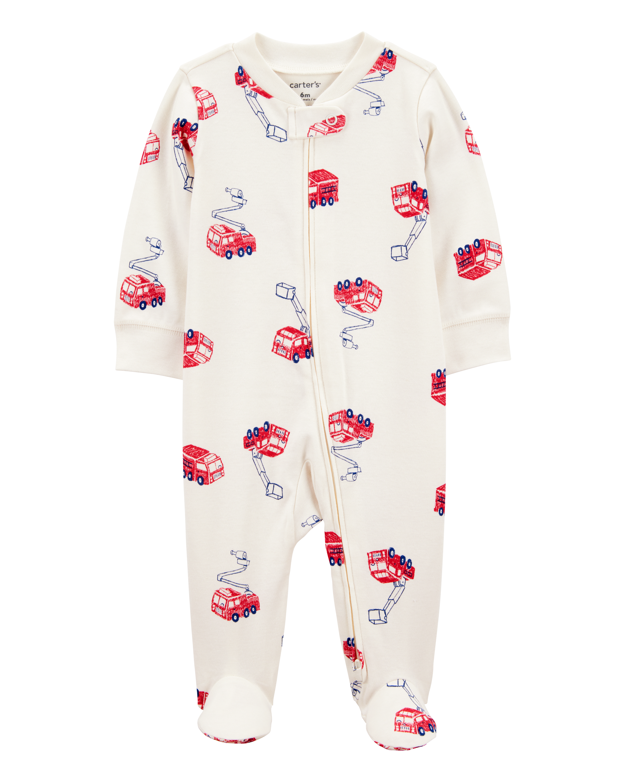 Baby Fire Truck Print 2-Way Zip Cotton Sleeper Pyjamas - Cream