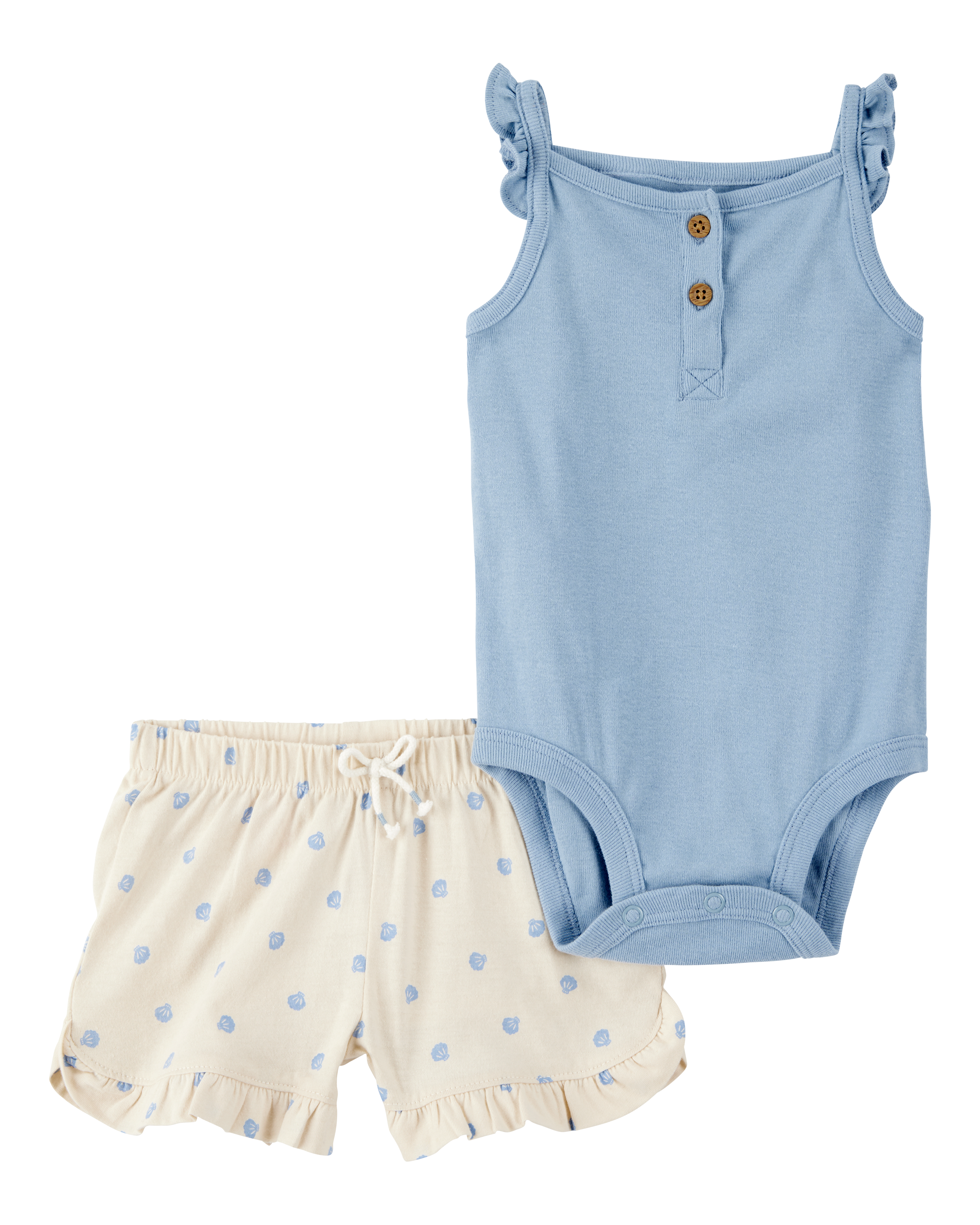 Baby 2-Piece Tank Bodysuit & Shell Print Pull-On Short Set - Blue/Ivory