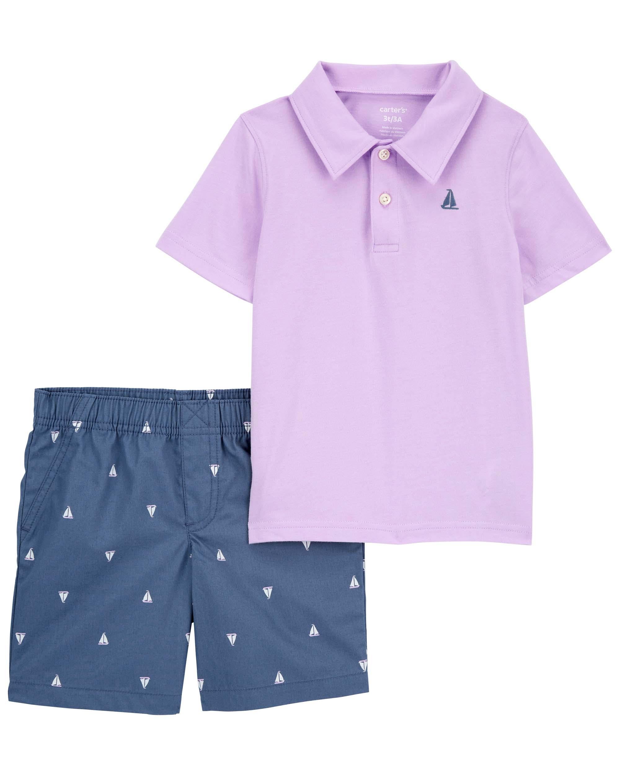 2 Piece Jersey Polo Shirt Sailboat Shorts Set