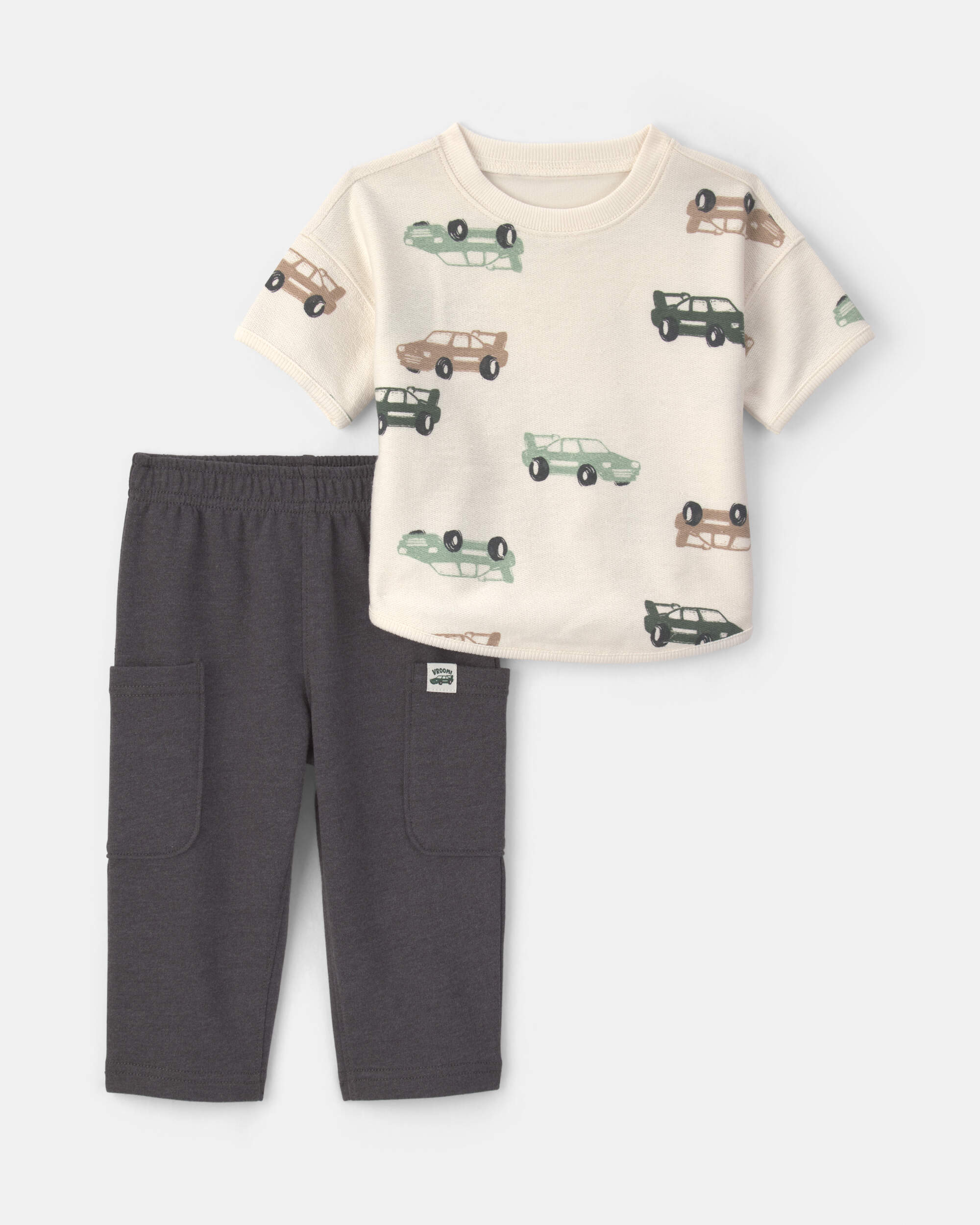 Baby Boy 2-Piece Car French Terry Short-Sleeve Top & Pant Set – Cream/Grey
