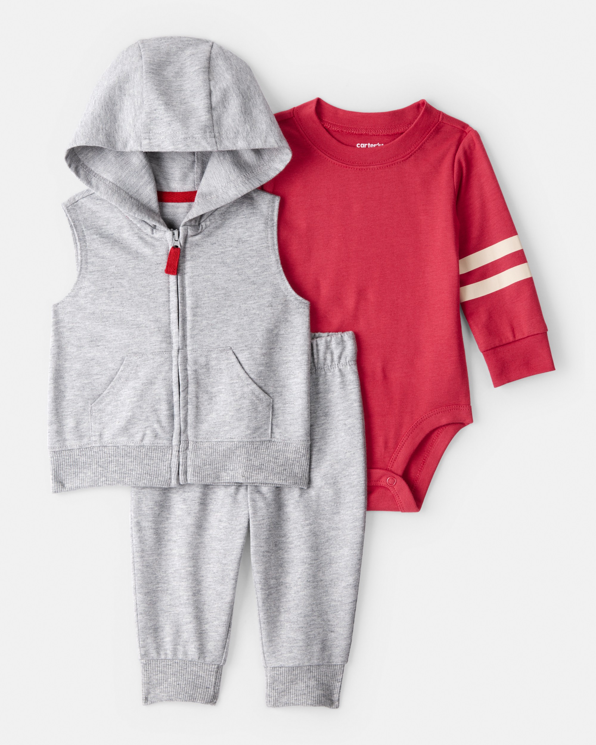 Baby Boy 3-Piece Varsity Vest Outfit Set - Red/Grey