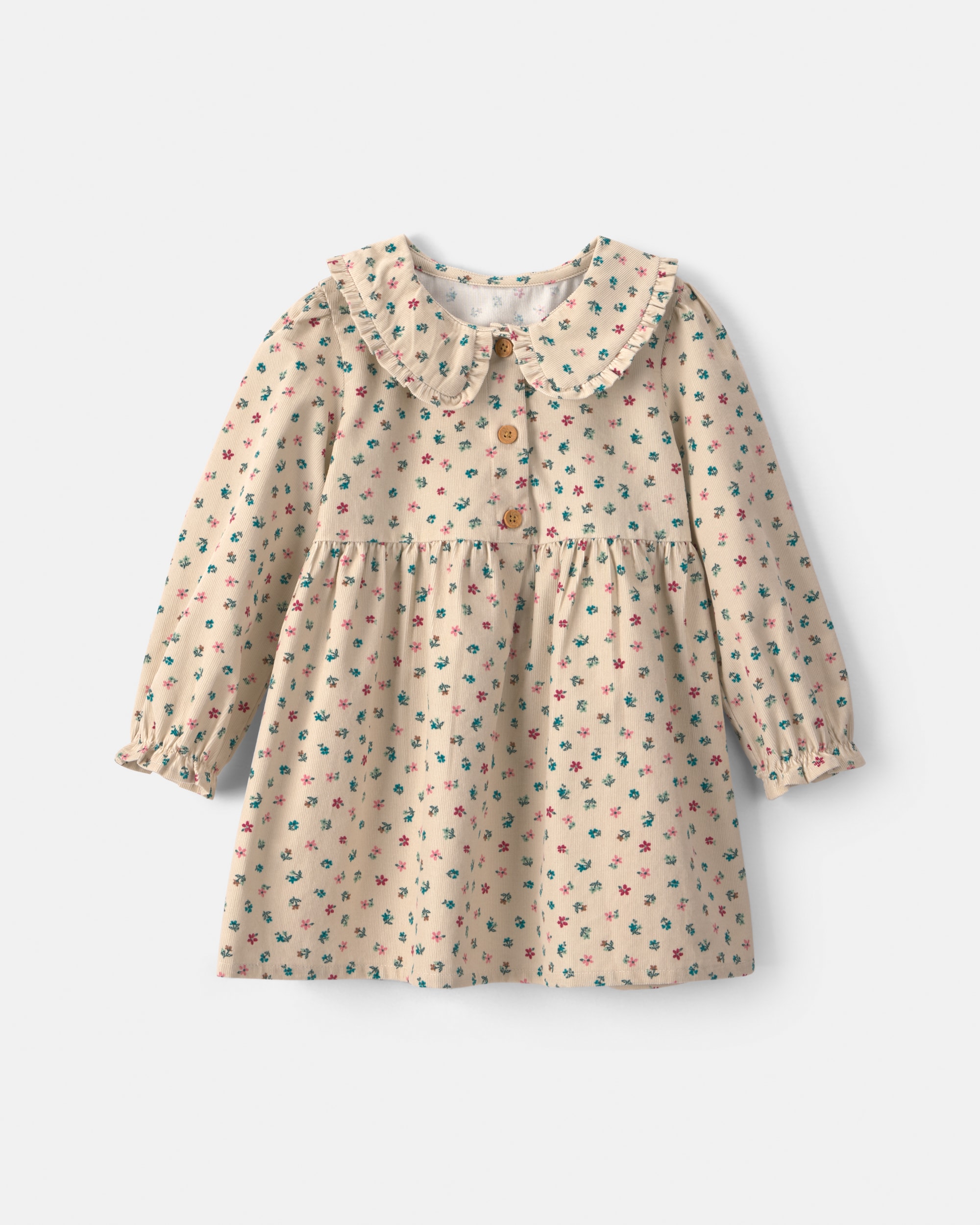 Toddler Girl Floral Collared Corduroy Long-Sleeve Dress - Cream