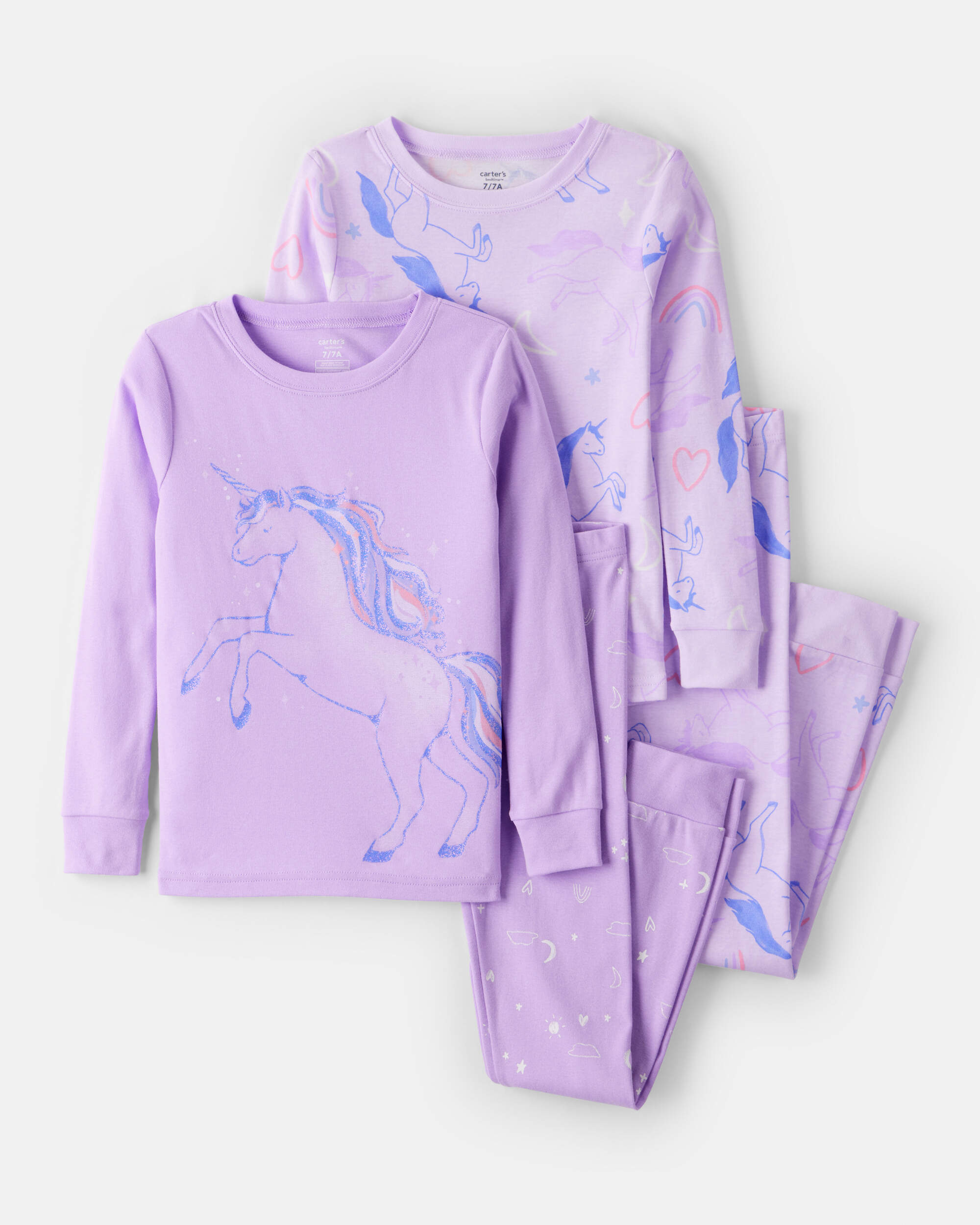 Girls Unicorn Print 100% Cotton Long-Sleeve 4-Piece Pyjamas - Purple