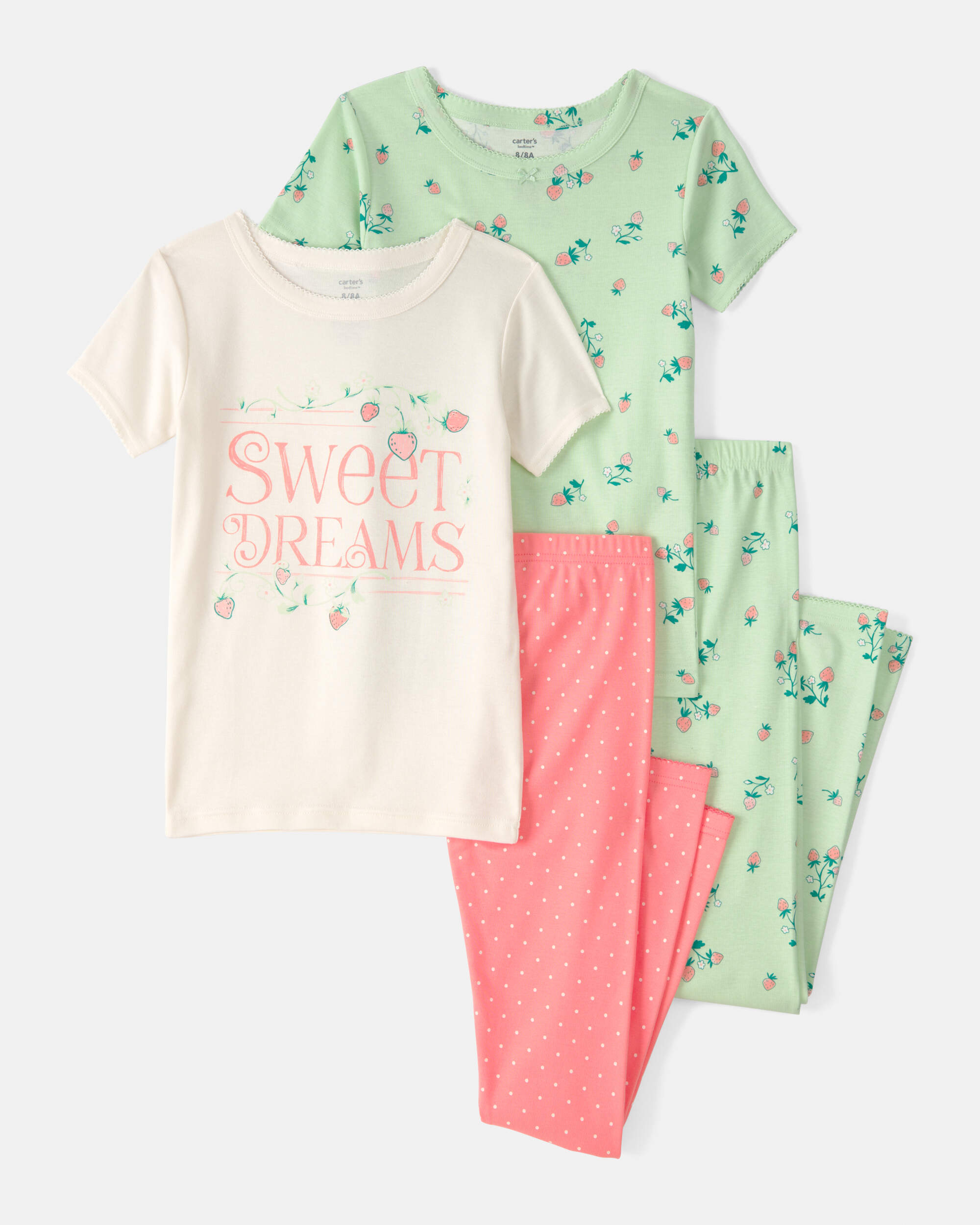Girls Strawberry 100% Cotton Snug Fit 4-Piece Pyjama Set - Green/Pink